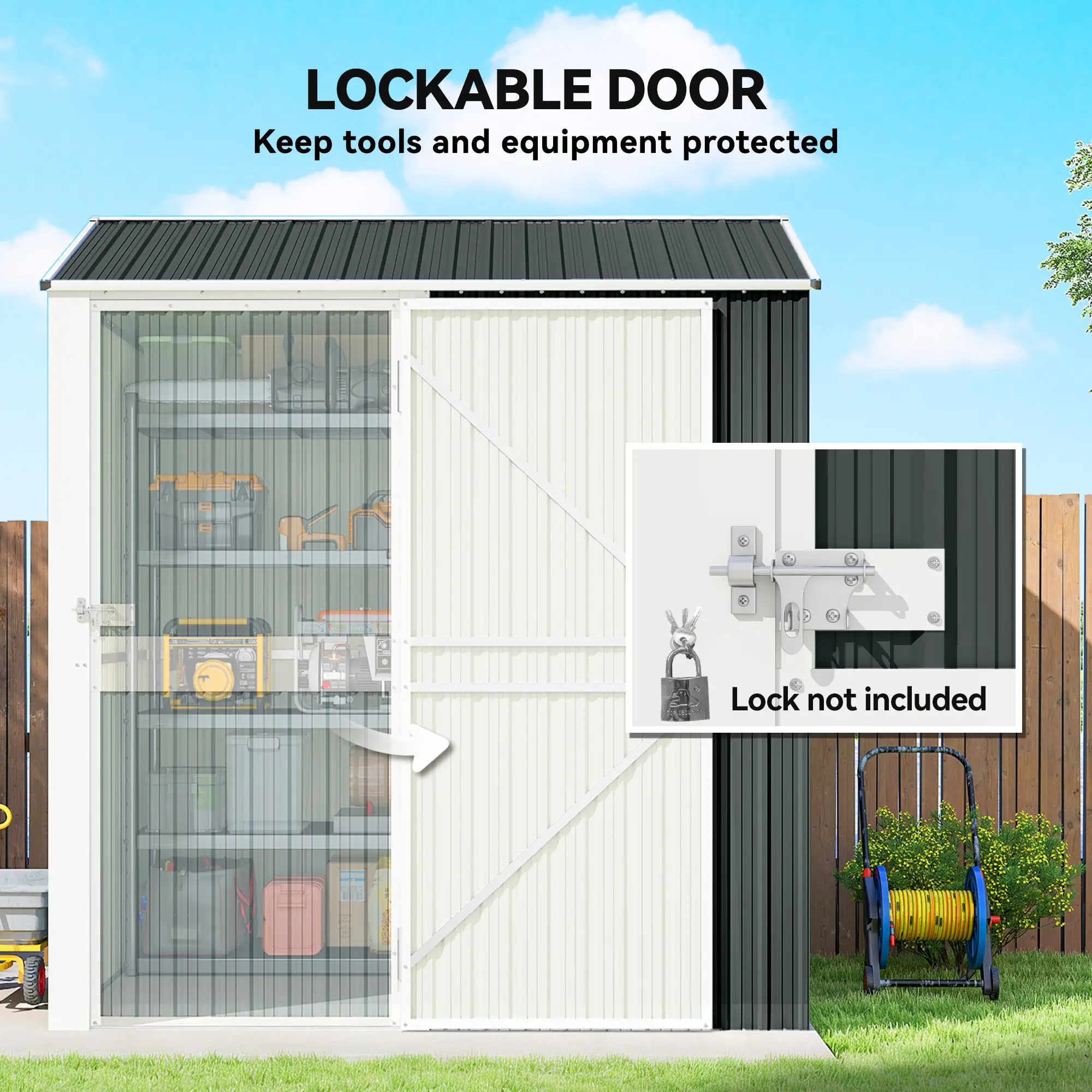 7' x 6' Tall Outdoor Storage Shed, Waterproof Metal Garden Shed, Dark Grey - Image 6
