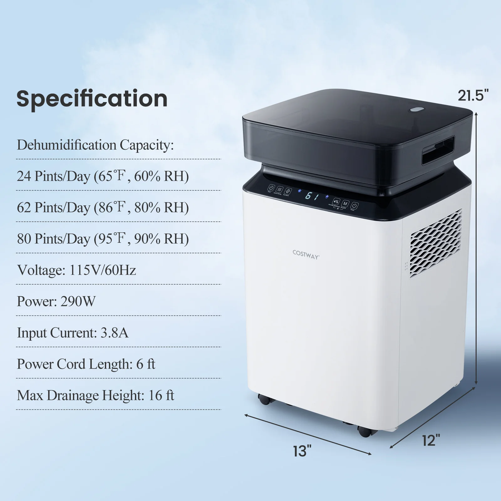 70/90 Pint Dehumidifier, 4500/6000 Sq. Ft, Continuous Auto Mode, White - Image 3