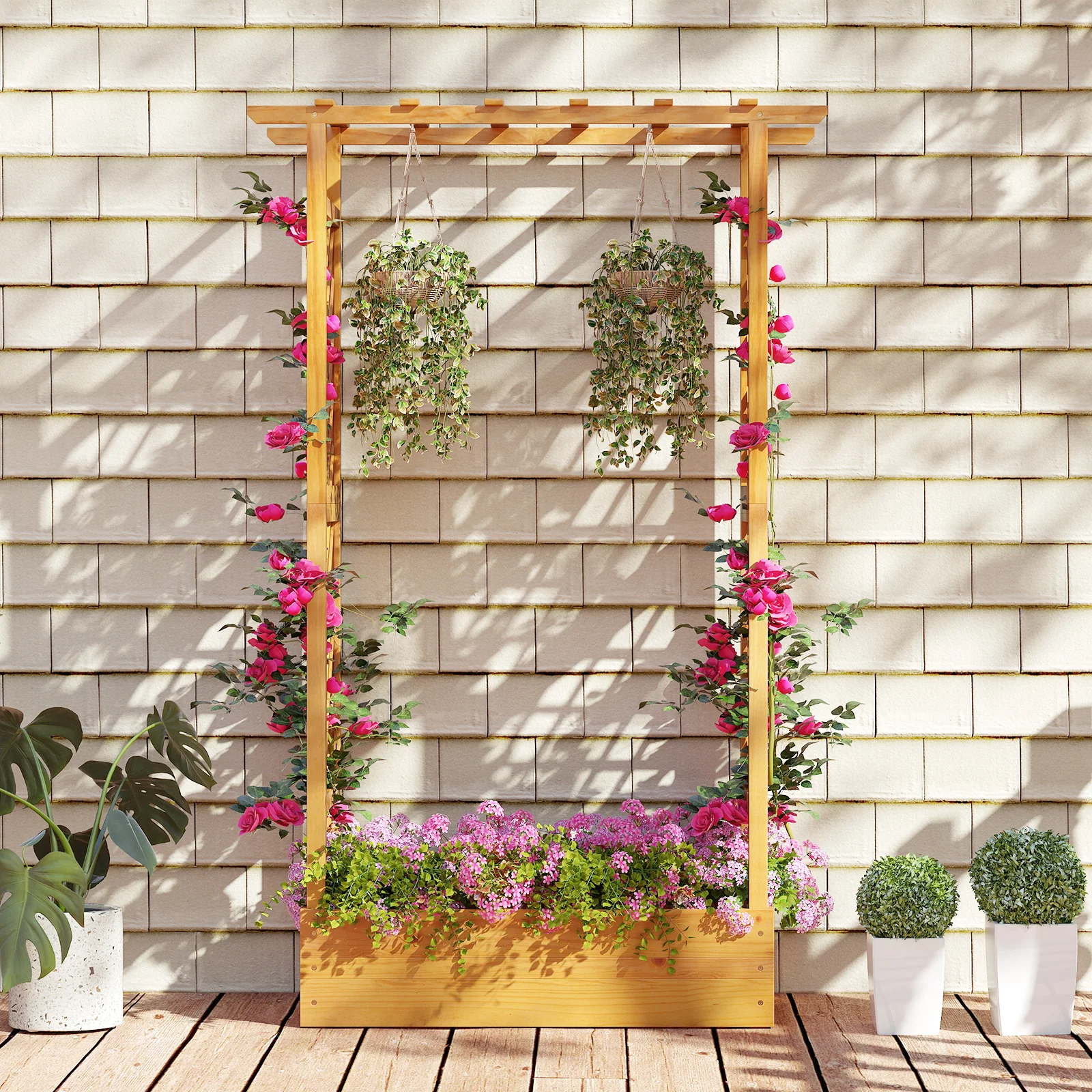 70 Inch Wooden Raised Garden Bed With Lattice Trellis, Natural - Image 3