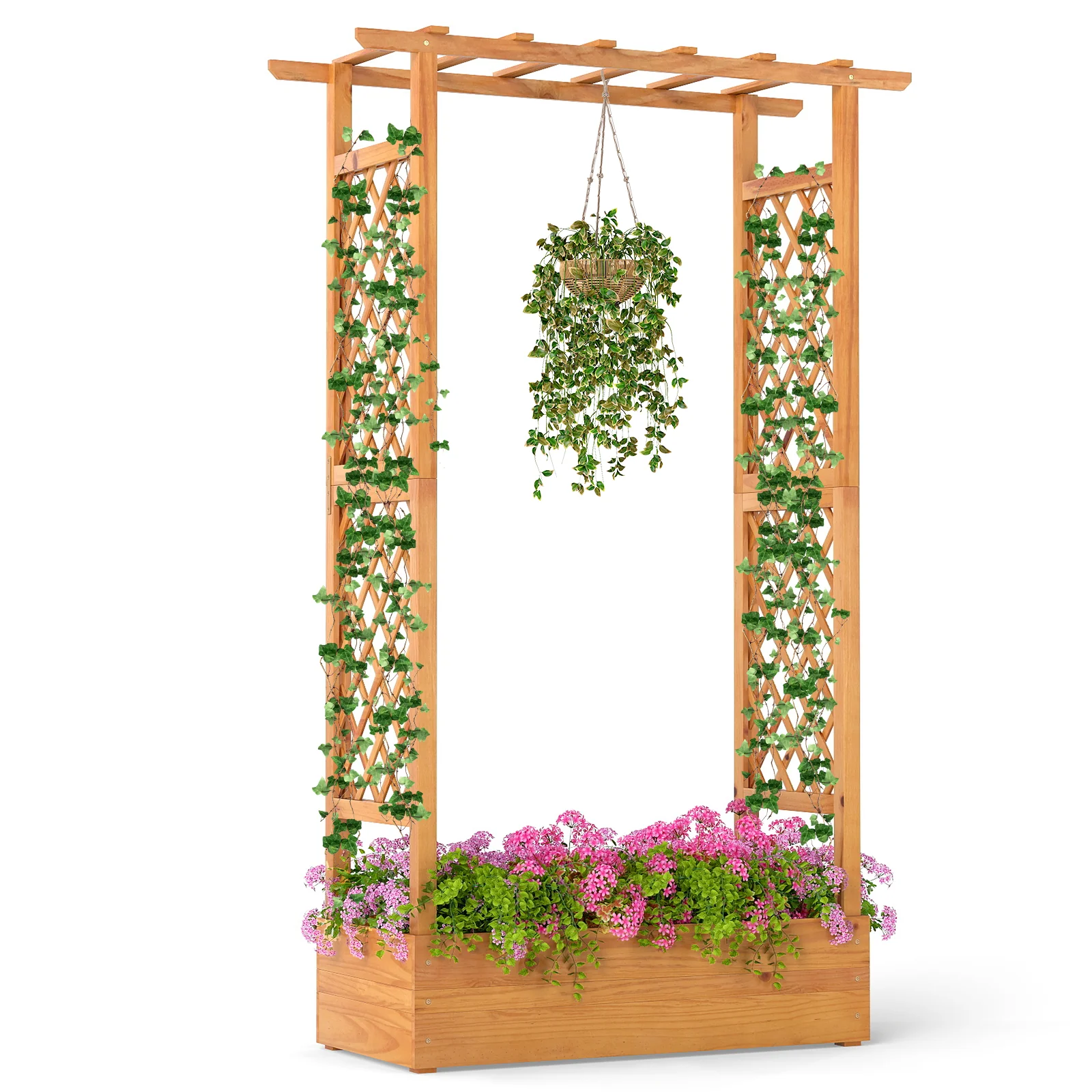 70 Inch Wooden Raised Garden Bed With Lattice Trellis, Natural - Image 5