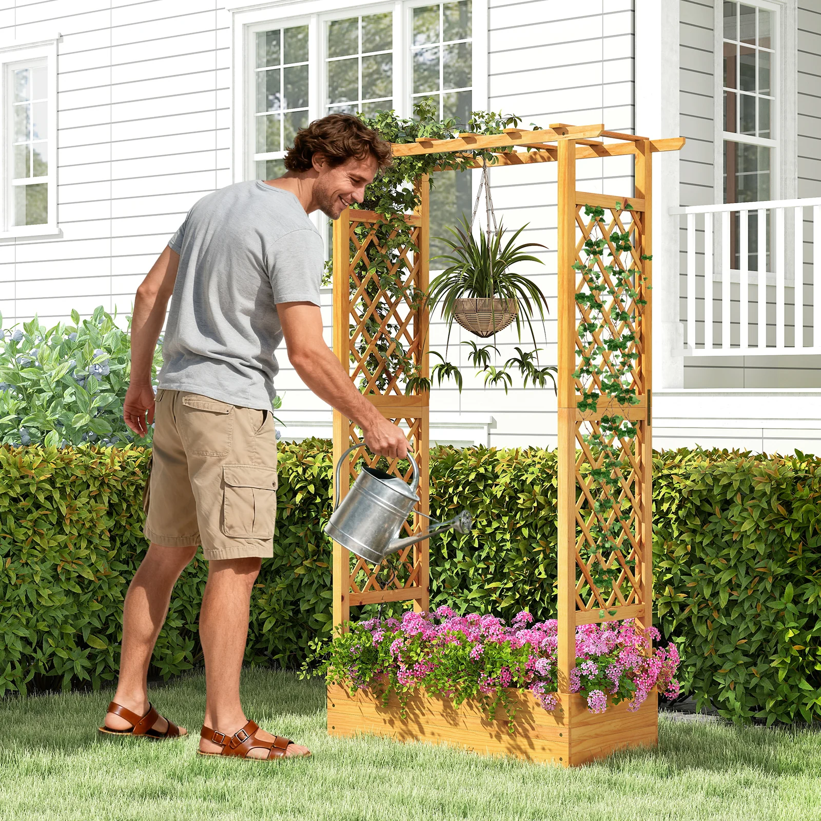 70 Inch Wooden Raised Garden Bed With Lattice Trellis, Natural - Image 7