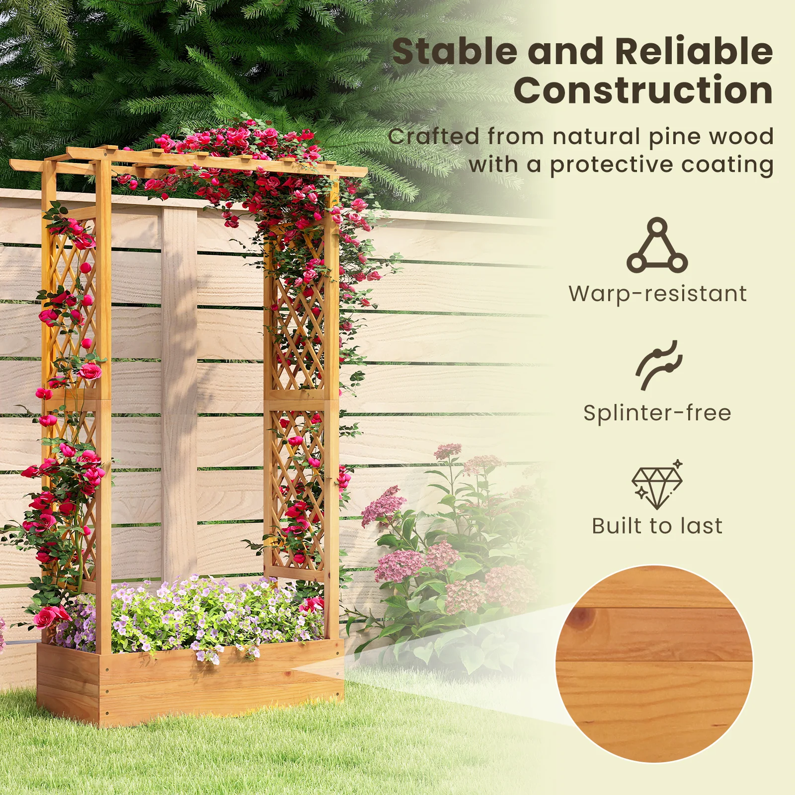 70 Inch Wooden Raised Garden Bed With Lattice Trellis, Natural - Image 8