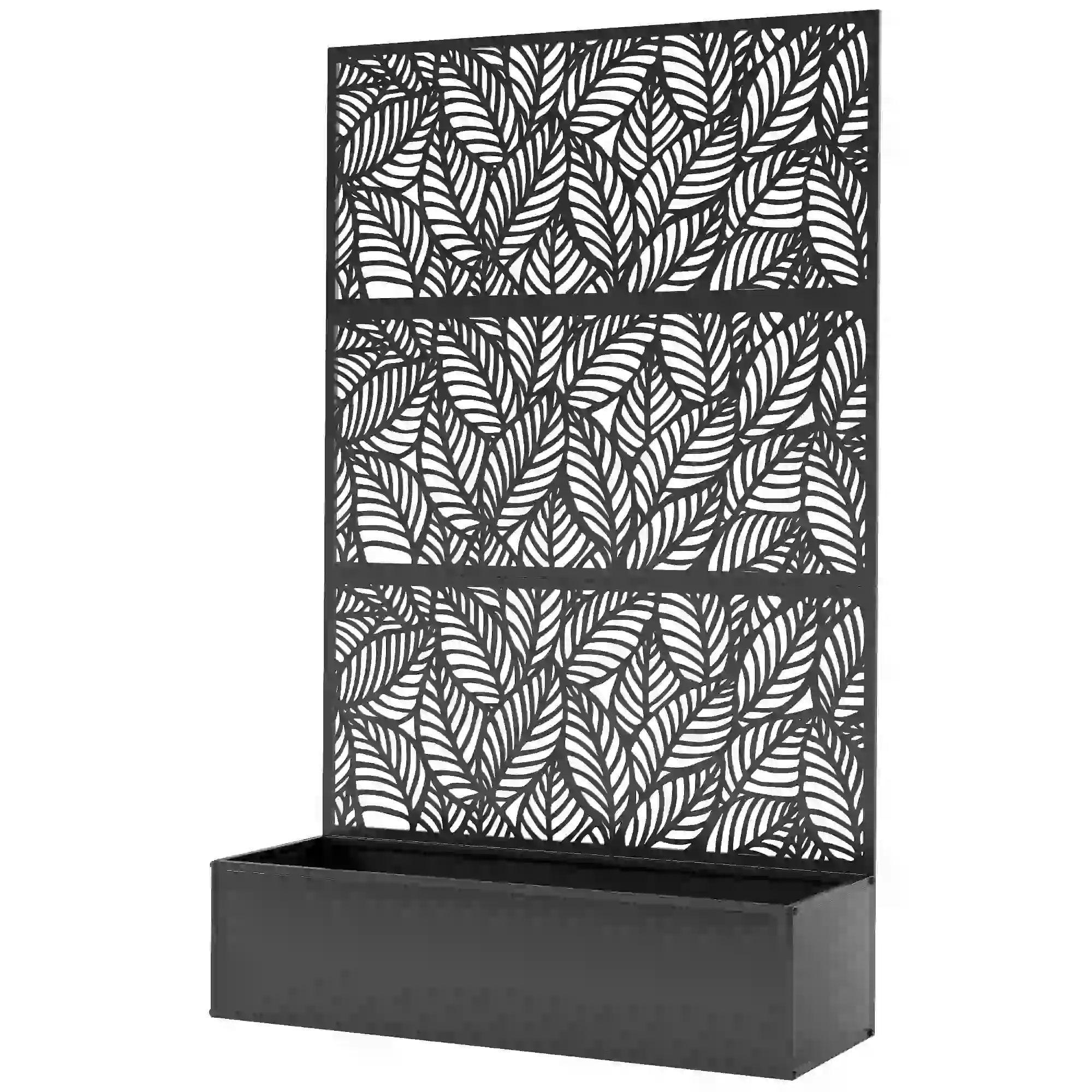 70" Metal Planter Box With Trellis, Raised Garden Bed, Leaves Cut-Out