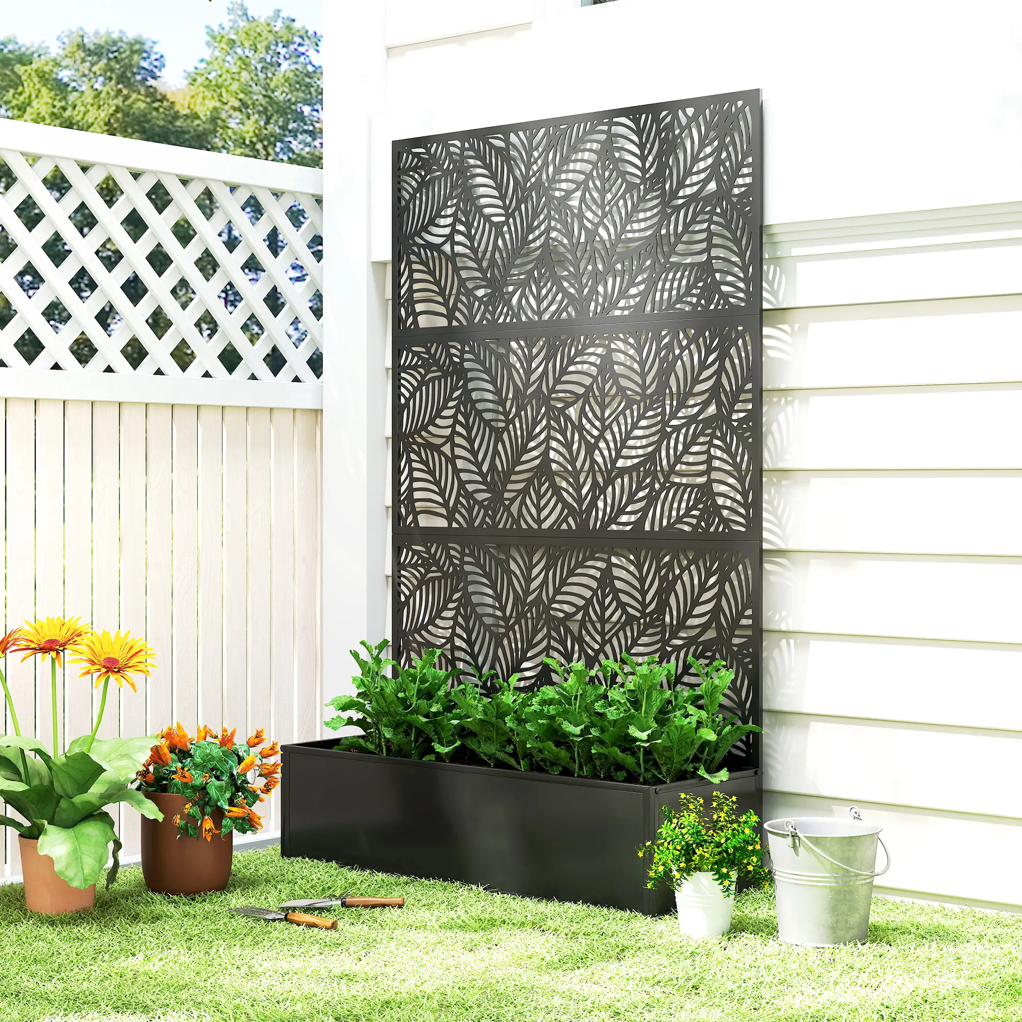 70" Metal Planter Box With Trellis, Raised Garden Bed, Leaves Cut-Out - Image 10