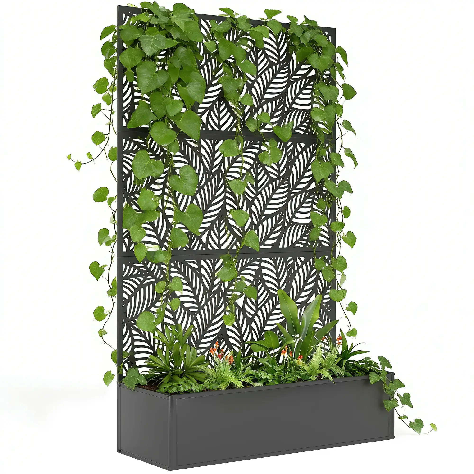 70" Metal Planter Box With Trellis, Raised Garden Bed, Leaves Cut-Out - Image 11