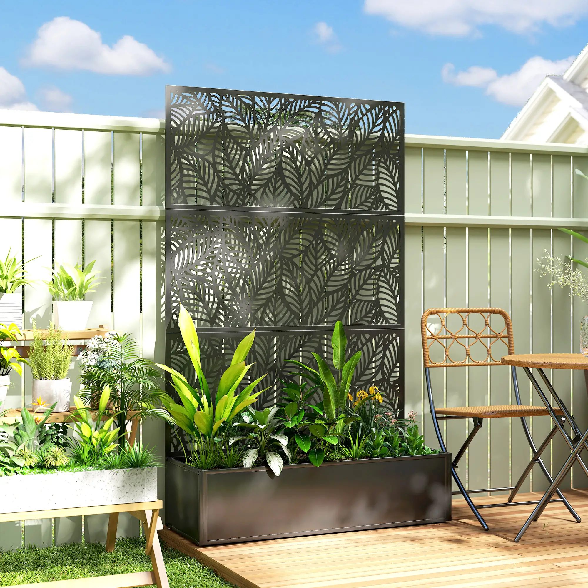 70" Metal Planter Box With Trellis, Raised Garden Bed, Leaves Cut-Out - Image 2