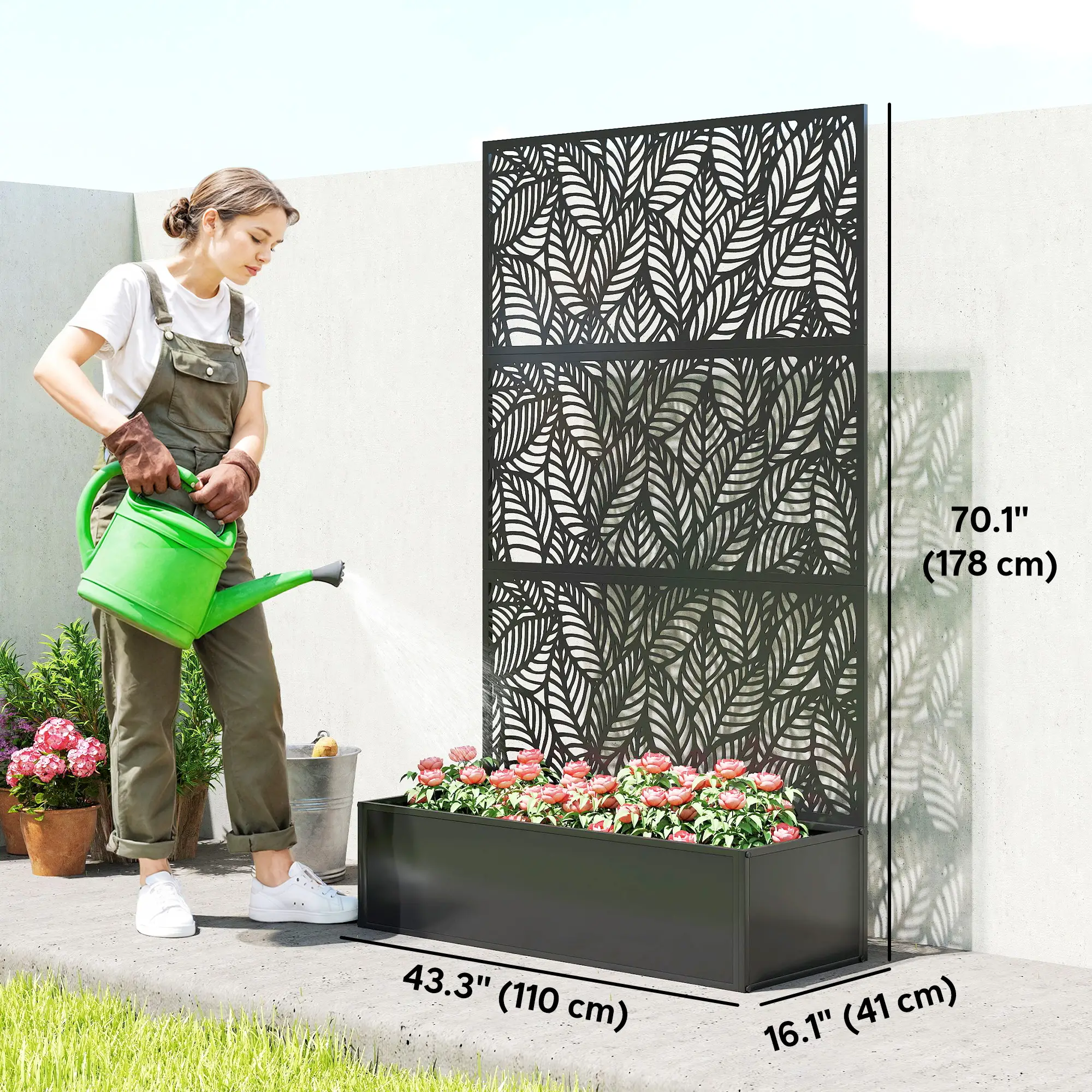 70" Metal Planter Box With Trellis, Raised Garden Bed, Leaves Cut-Out - Image 3