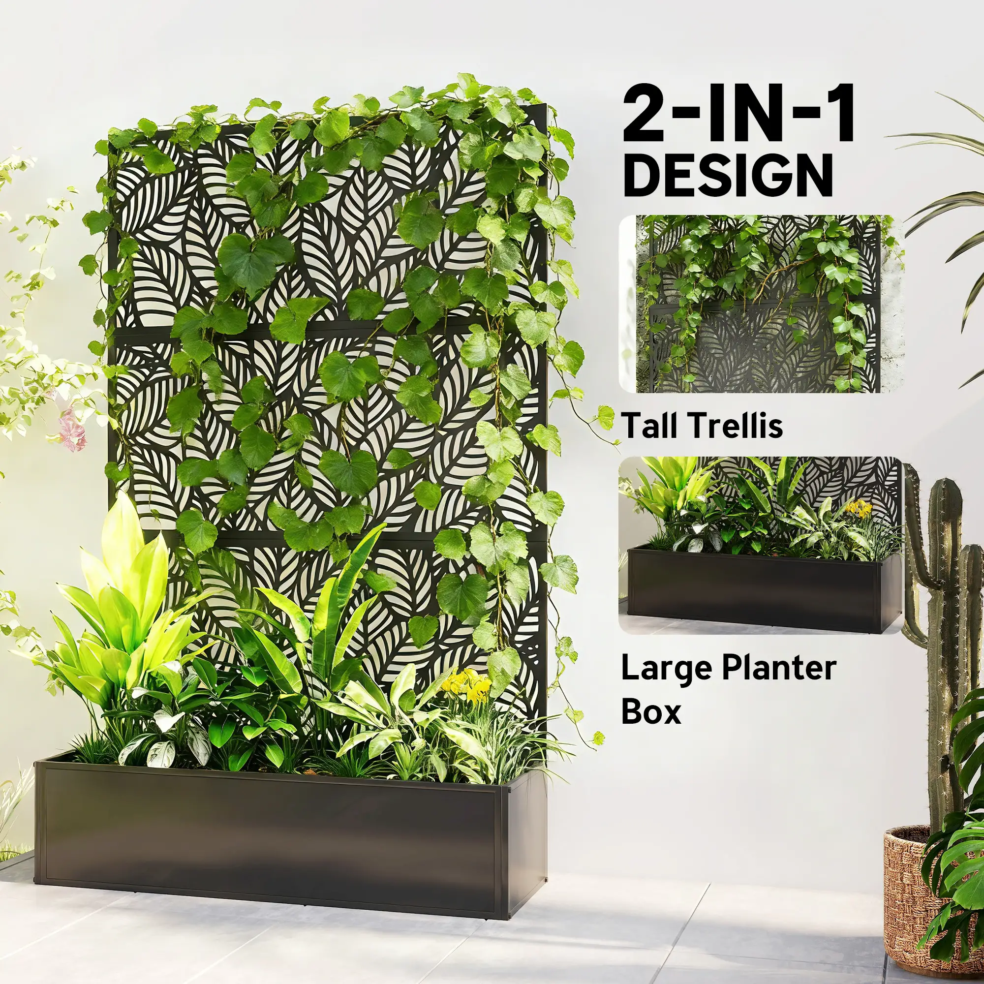 70" Metal Planter Box With Trellis, Raised Garden Bed, Leaves Cut-Out - Image 4