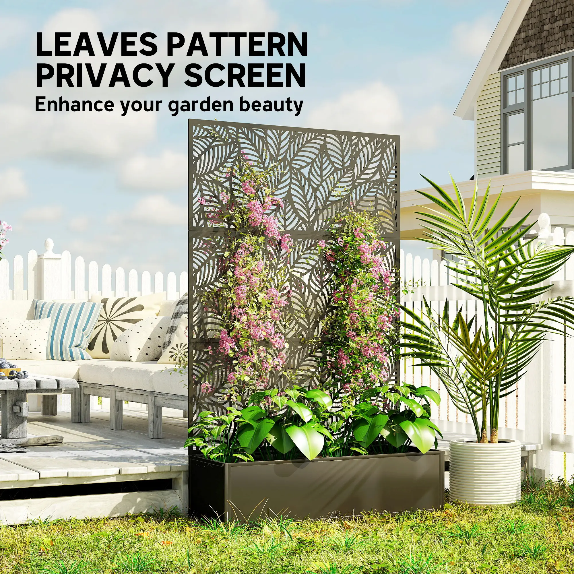 70" Metal Planter Box With Trellis, Raised Garden Bed, Leaves Cut-Out - Image 5