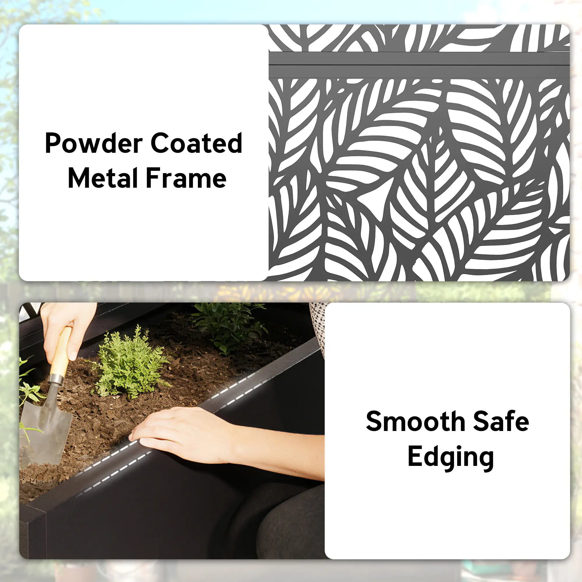 70" Metal Planter Box With Trellis, Raised Garden Bed, Leaves Cut-Out - Image 6