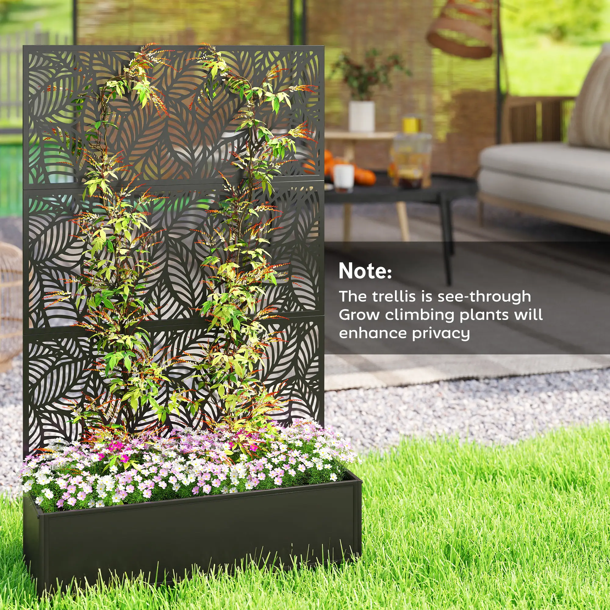 70" Metal Planter Box With Trellis, Raised Garden Bed, Leaves Cut-Out - Image 7