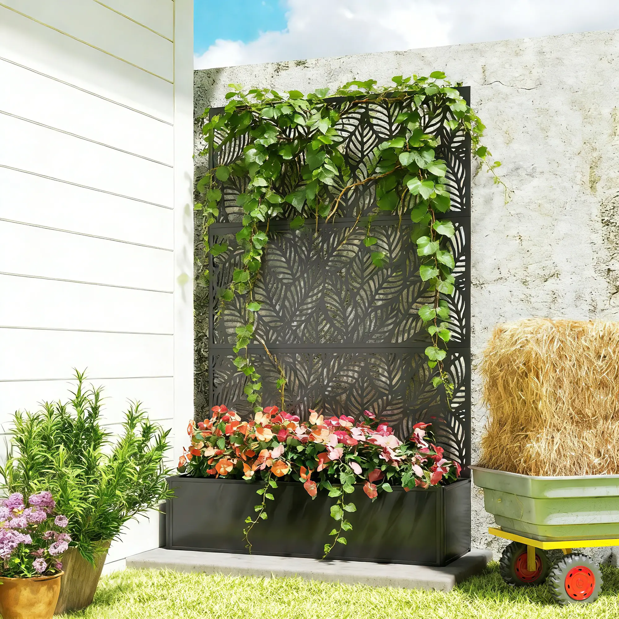 70" Metal Planter Box With Trellis, Raised Garden Bed, Leaves Cut-Out - Image 8
