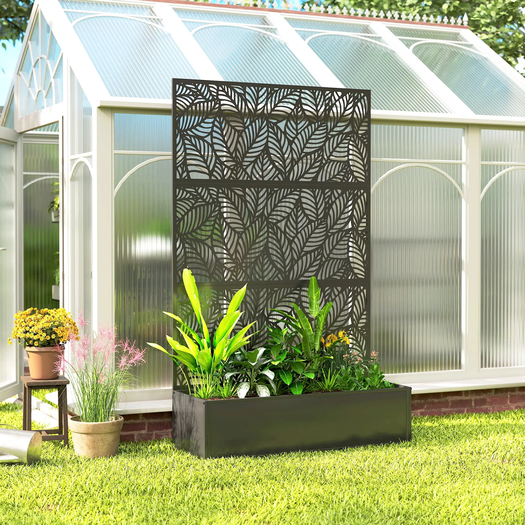 70" Metal Planter Box With Trellis, Raised Garden Bed, Leaves Cut-Out - Image 9
