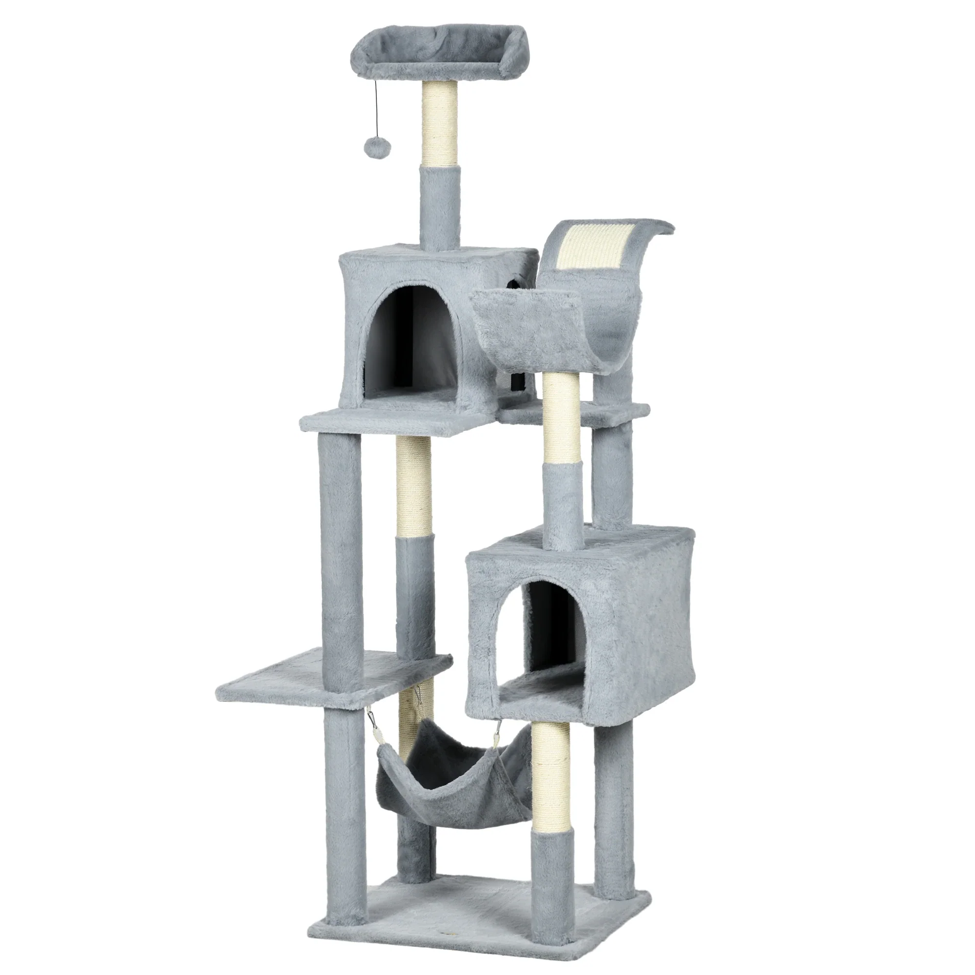 70" Tall Cat Tree, Multi-Level Tower with Hammock, Bed, Condo, Sisal Scratching Posts, Bluish Grey