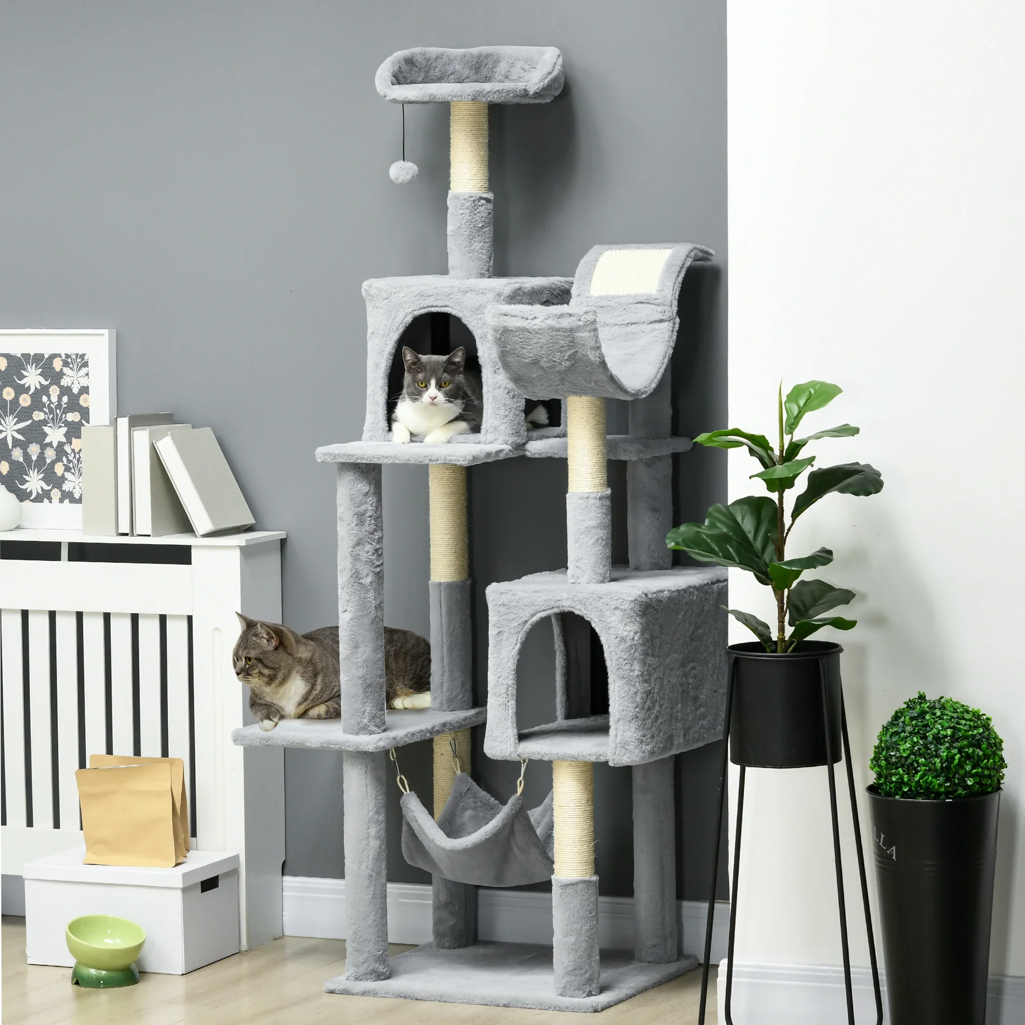 70" Tall Cat Tree, Multi-Level Tower with Hammock, Bed, Condo, Sisal Scratching Posts, Bluish Grey - Image 2