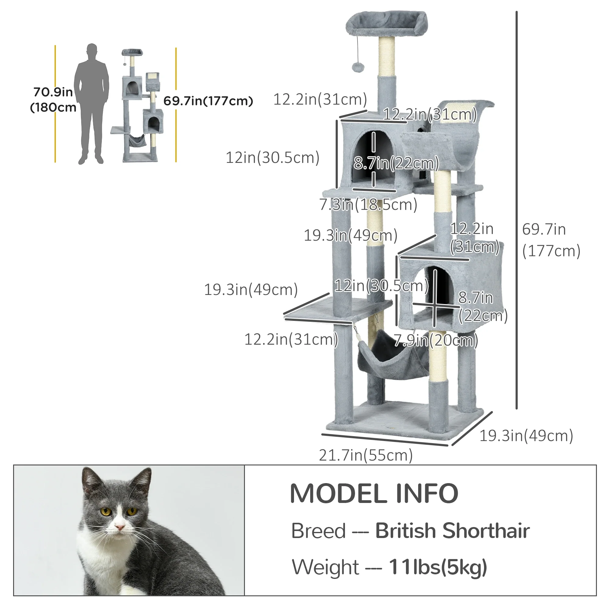 70" Tall Cat Tree, Multi-Level Tower with Hammock, Bed, Condo, Sisal Scratching Posts, Bluish Grey - Image 3