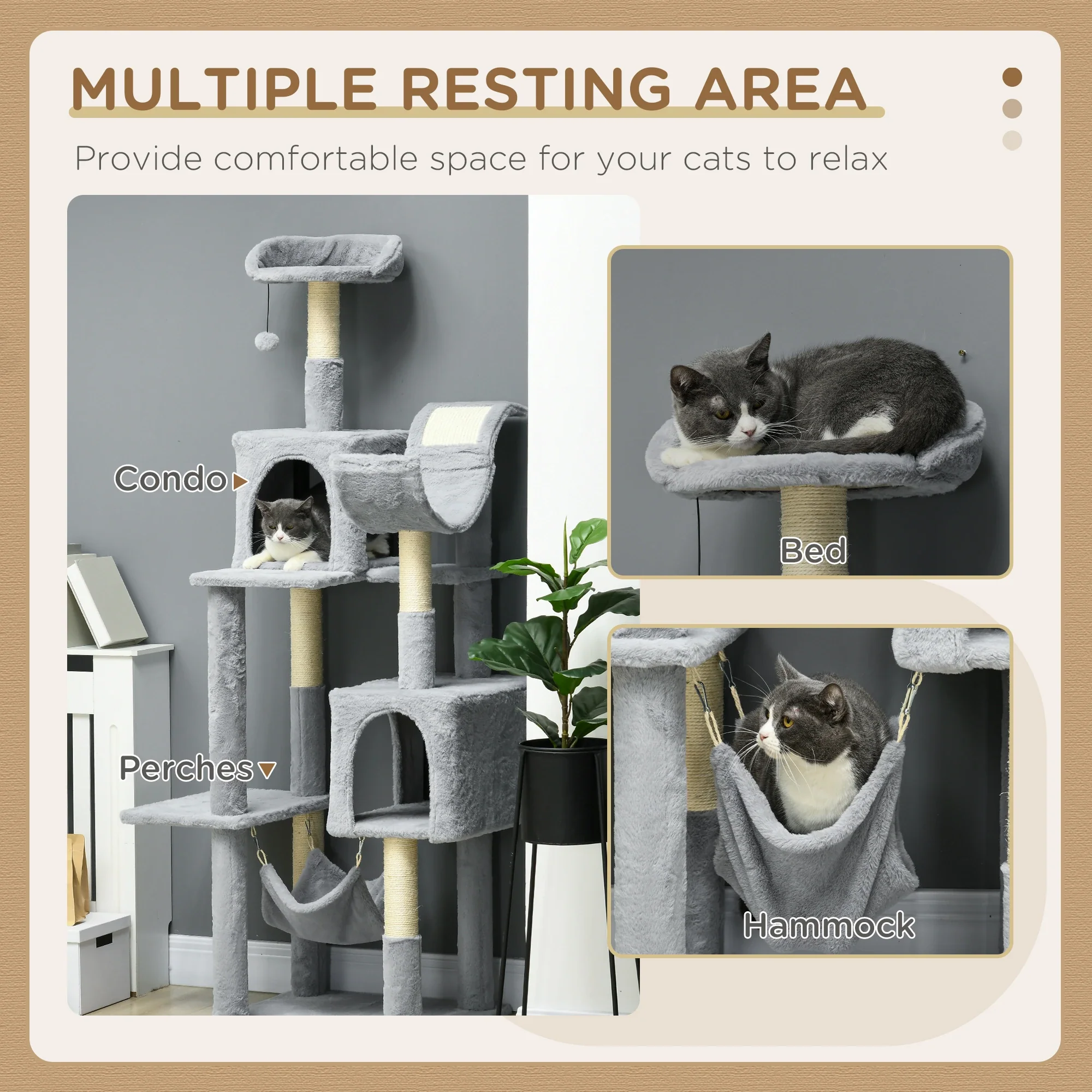 70" Tall Cat Tree, Multi-Level Tower with Hammock, Bed, Condo, Sisal Scratching Posts, Bluish Grey - Image 4