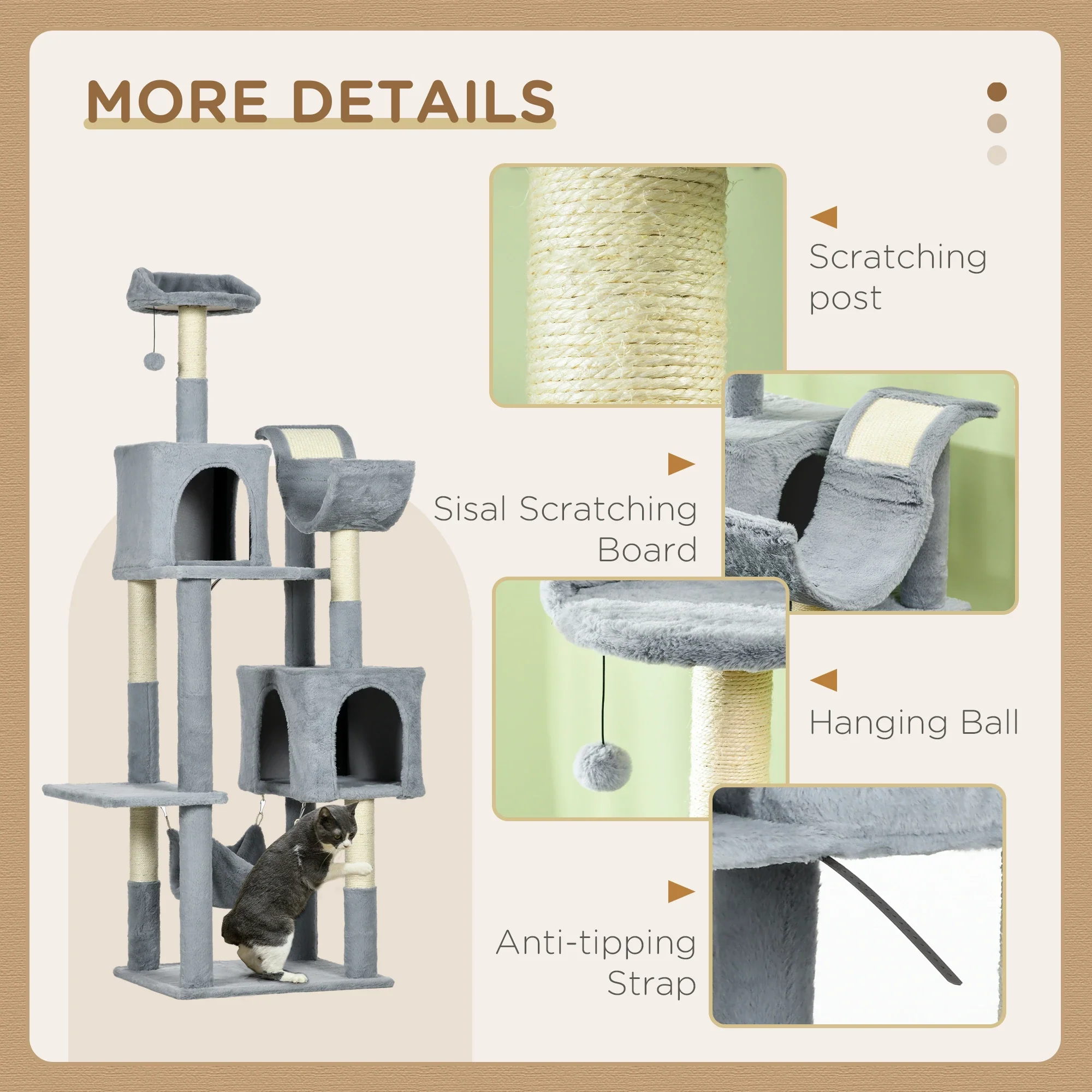 70" Tall Cat Tree, Multi-Level Tower with Hammock, Bed, Condo, Sisal Scratching Posts, Bluish Grey - Image 5