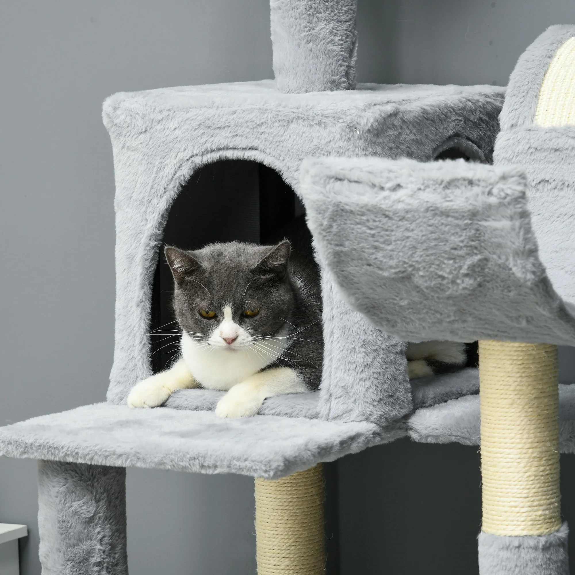 70" Tall Cat Tree, Multi-Level Tower with Hammock, Bed, Condo, Sisal Scratching Posts, Bluish Grey - Image 7