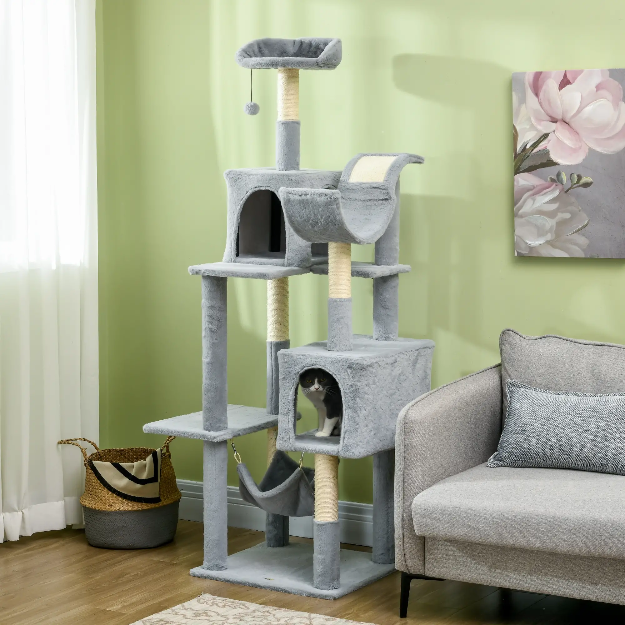 70" Tall Cat Tree, Multi-Level Tower with Hammock, Bed, Condo, Sisal Scratching Posts, Bluish Grey - Image 8