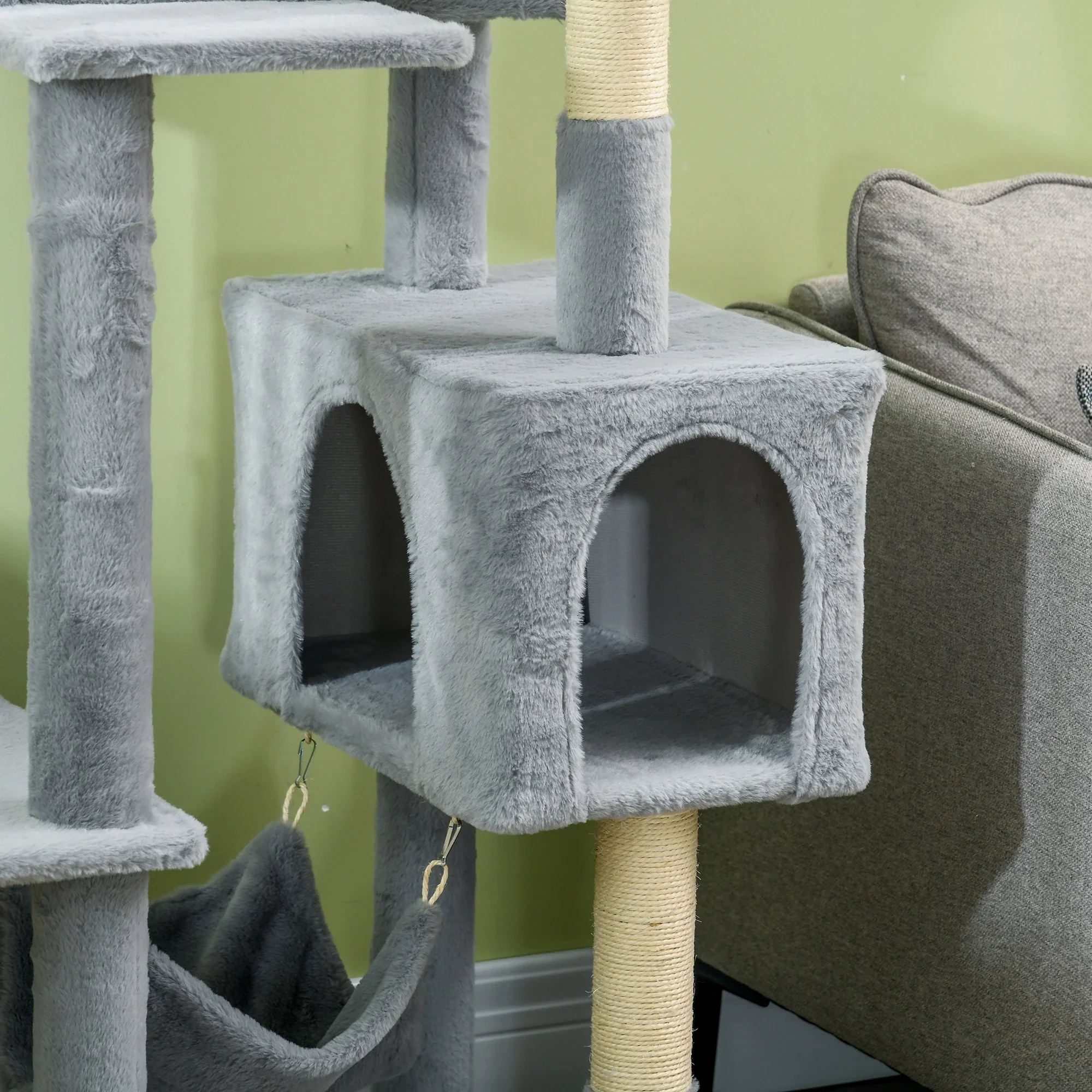 70" Tall Cat Tree, Multi-Level Tower with Hammock, Bed, Condo, Sisal Scratching Posts, Bluish Grey - Image 9