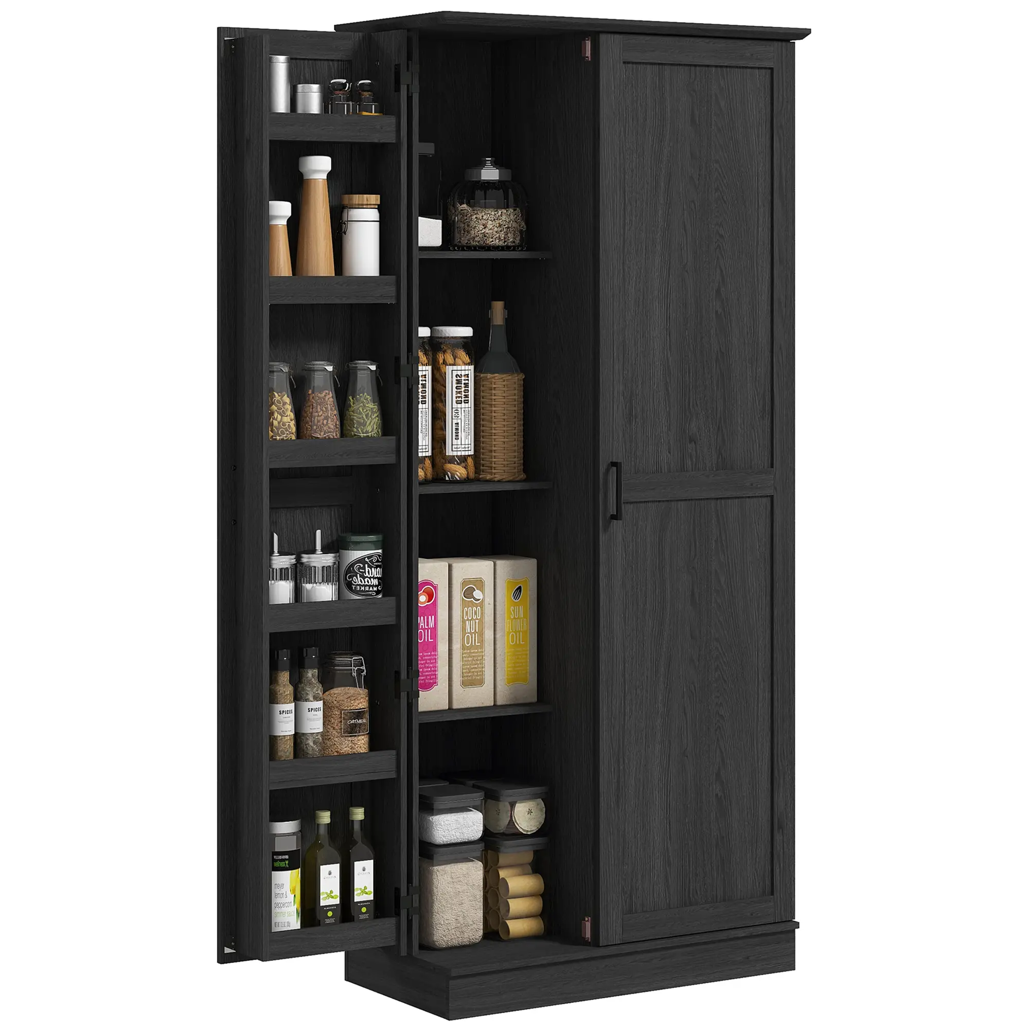 70" Tall Kitchen Pantry Cabinet, Adjustable Shelves, Black Wood Grain, Black