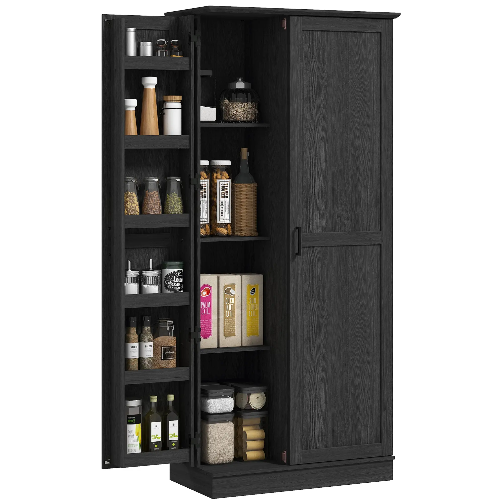 70" Tall Kitchen Pantry Cabinet, Adjustable Shelves, Black Wood Grain, Black - Image 11