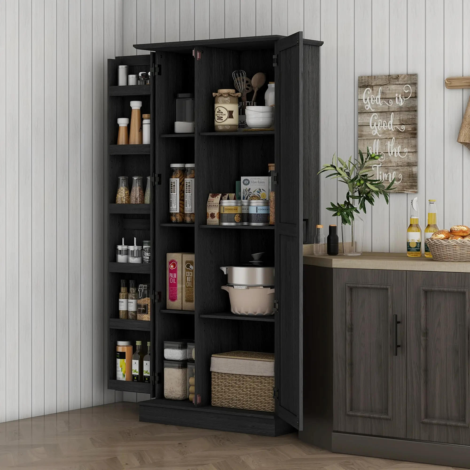 70" Tall Kitchen Pantry Cabinet, Adjustable Shelves, Black Wood Grain, Black - Image 2