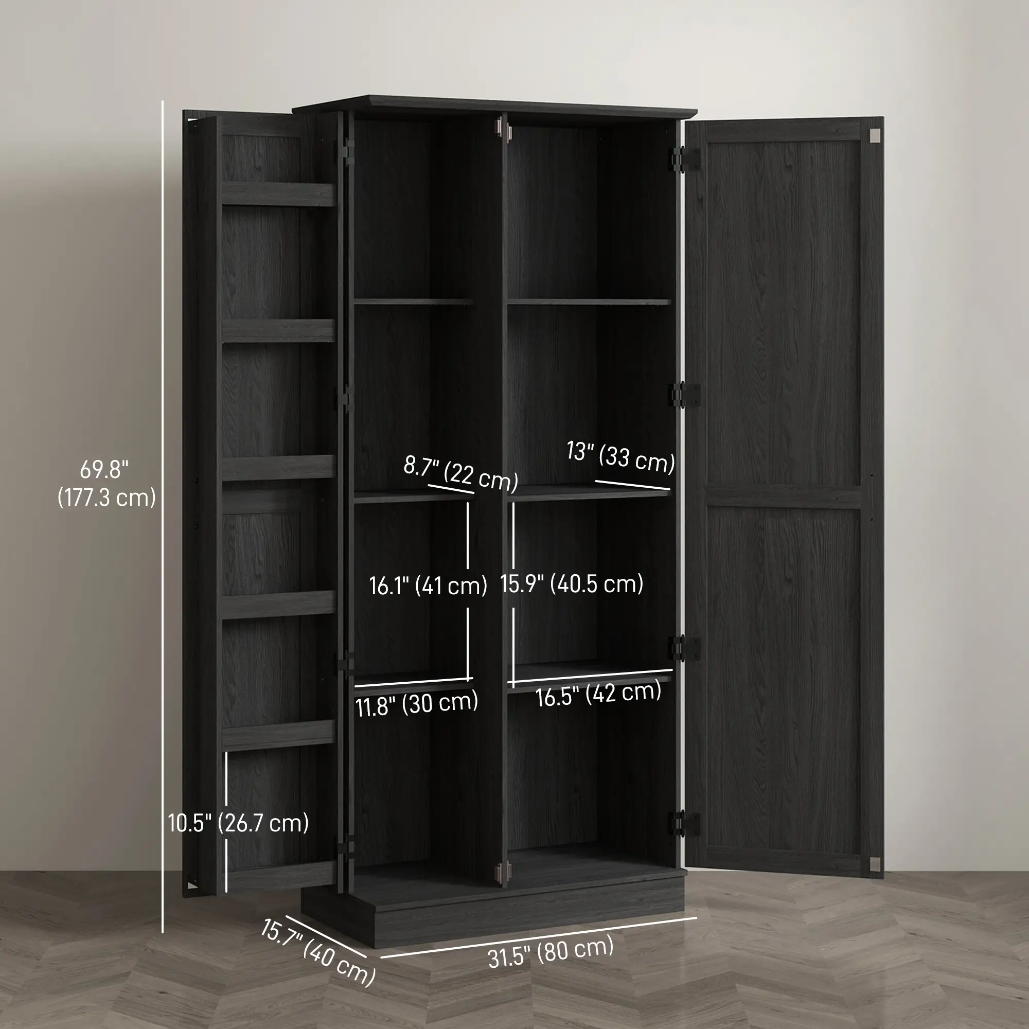 70" Tall Kitchen Pantry Cabinet, Adjustable Shelves, Black Wood Grain, Black - Image 3