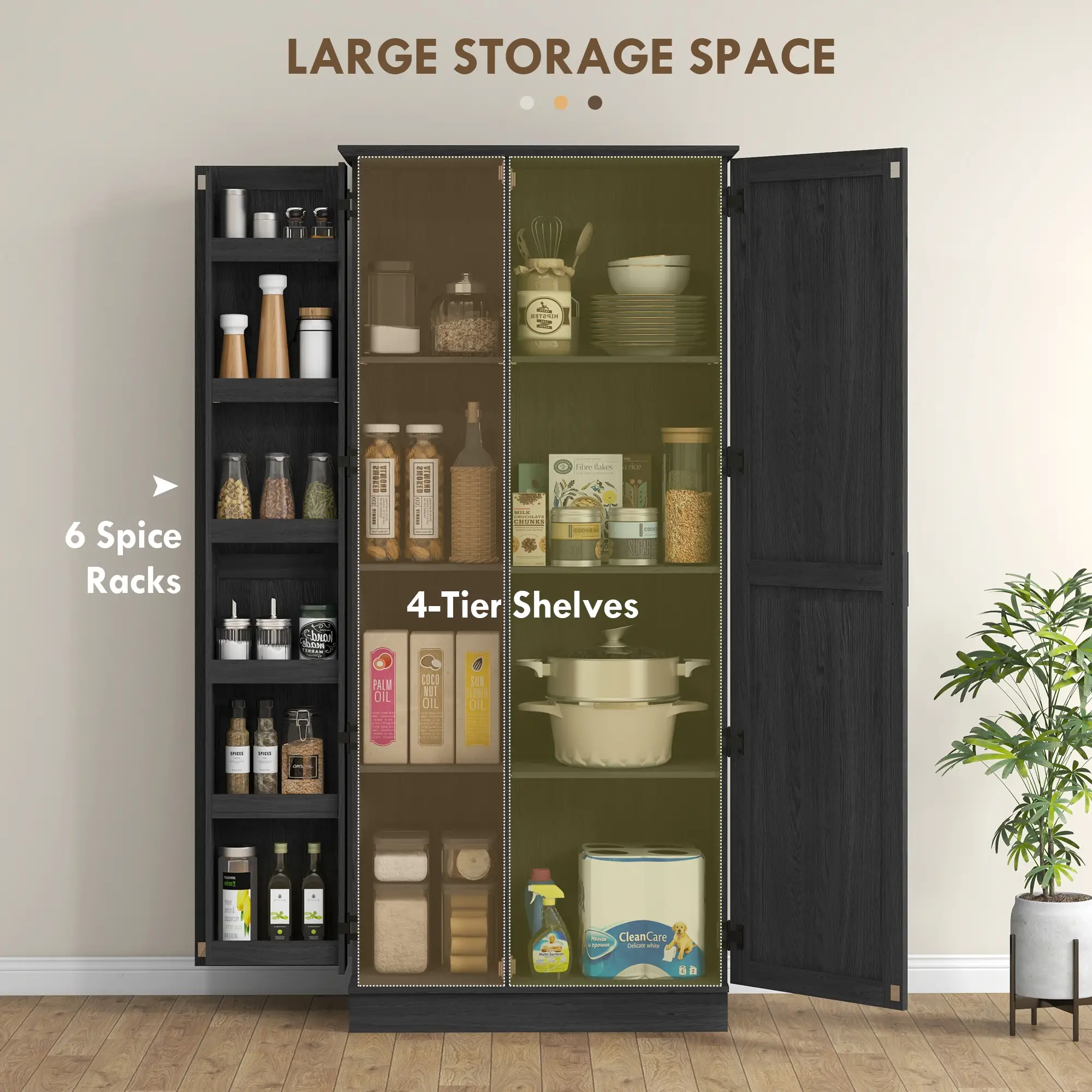 70" Tall Kitchen Pantry Cabinet, Adjustable Shelves, Black Wood Grain, Black - Image 4