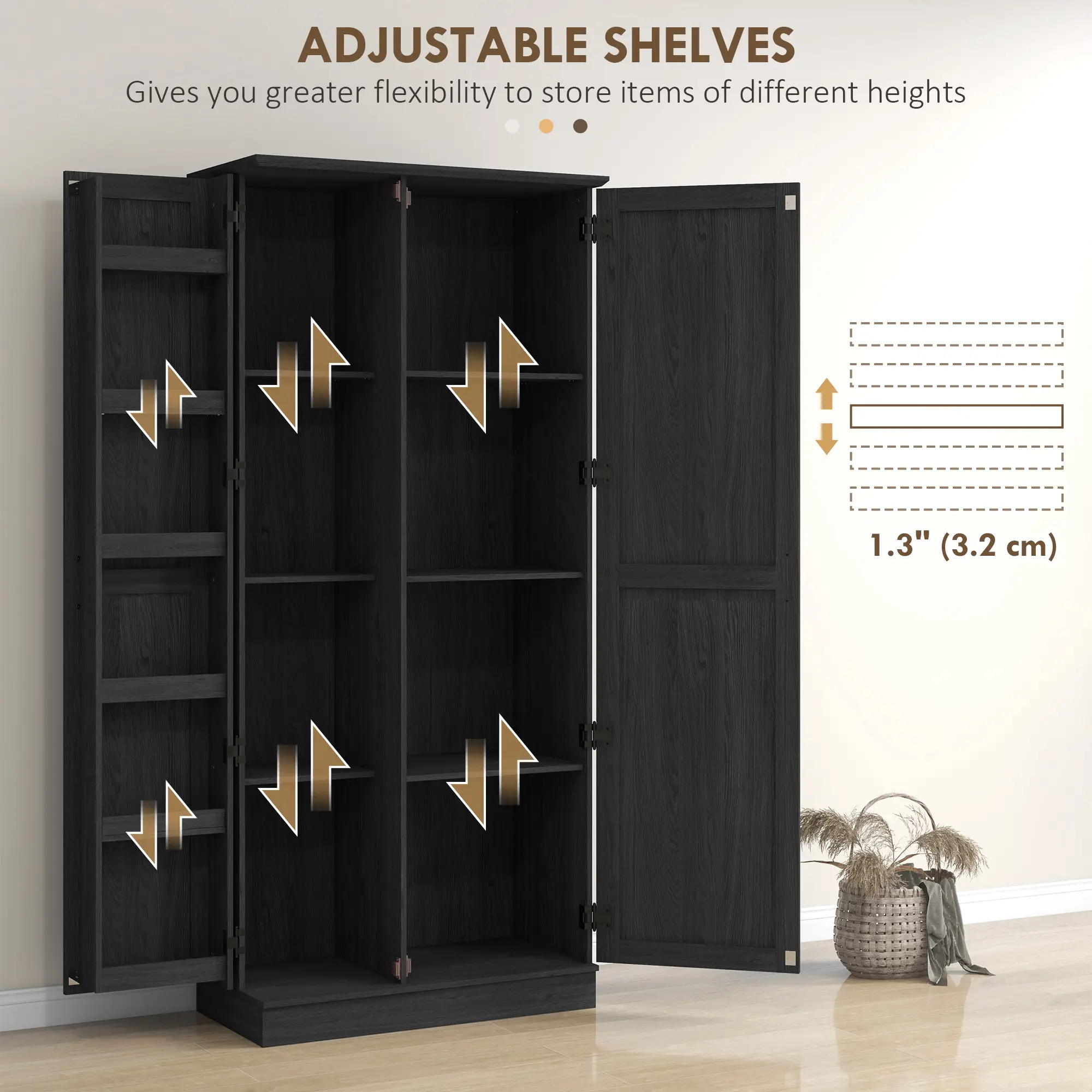 70" Tall Kitchen Pantry Cabinet, Adjustable Shelves, Black Wood Grain, Black - Image 5