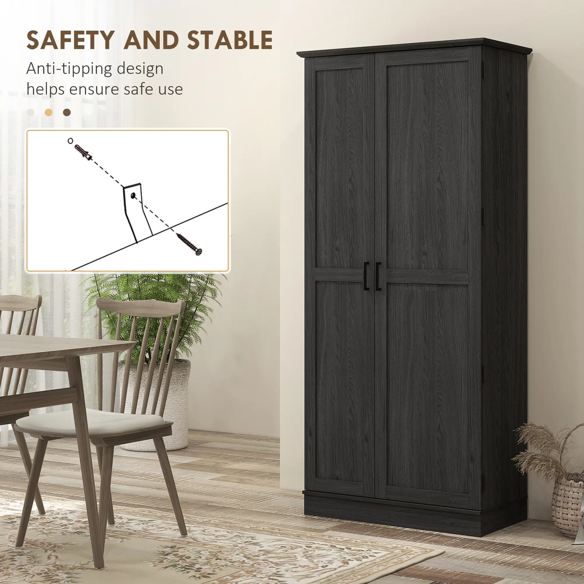 70" Tall Kitchen Pantry Cabinet, Adjustable Shelves, Black Wood Grain, Black - Image 6
