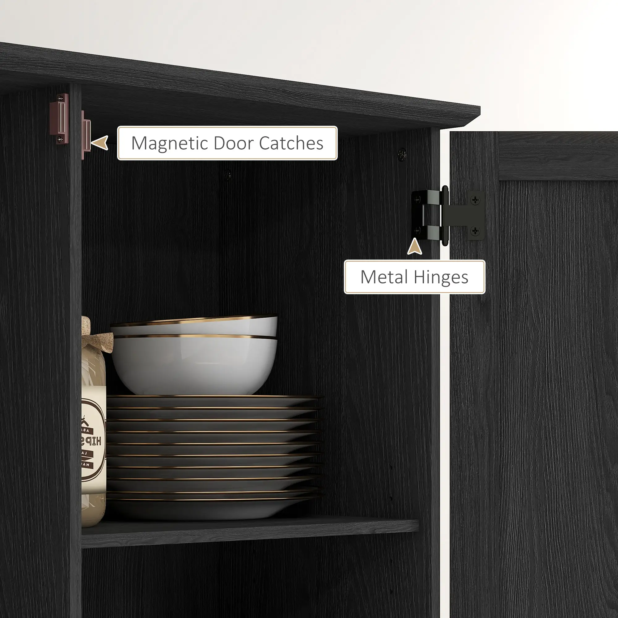 70" Tall Kitchen Pantry Cabinet, Adjustable Shelves, Black Wood Grain, Black - Image 7