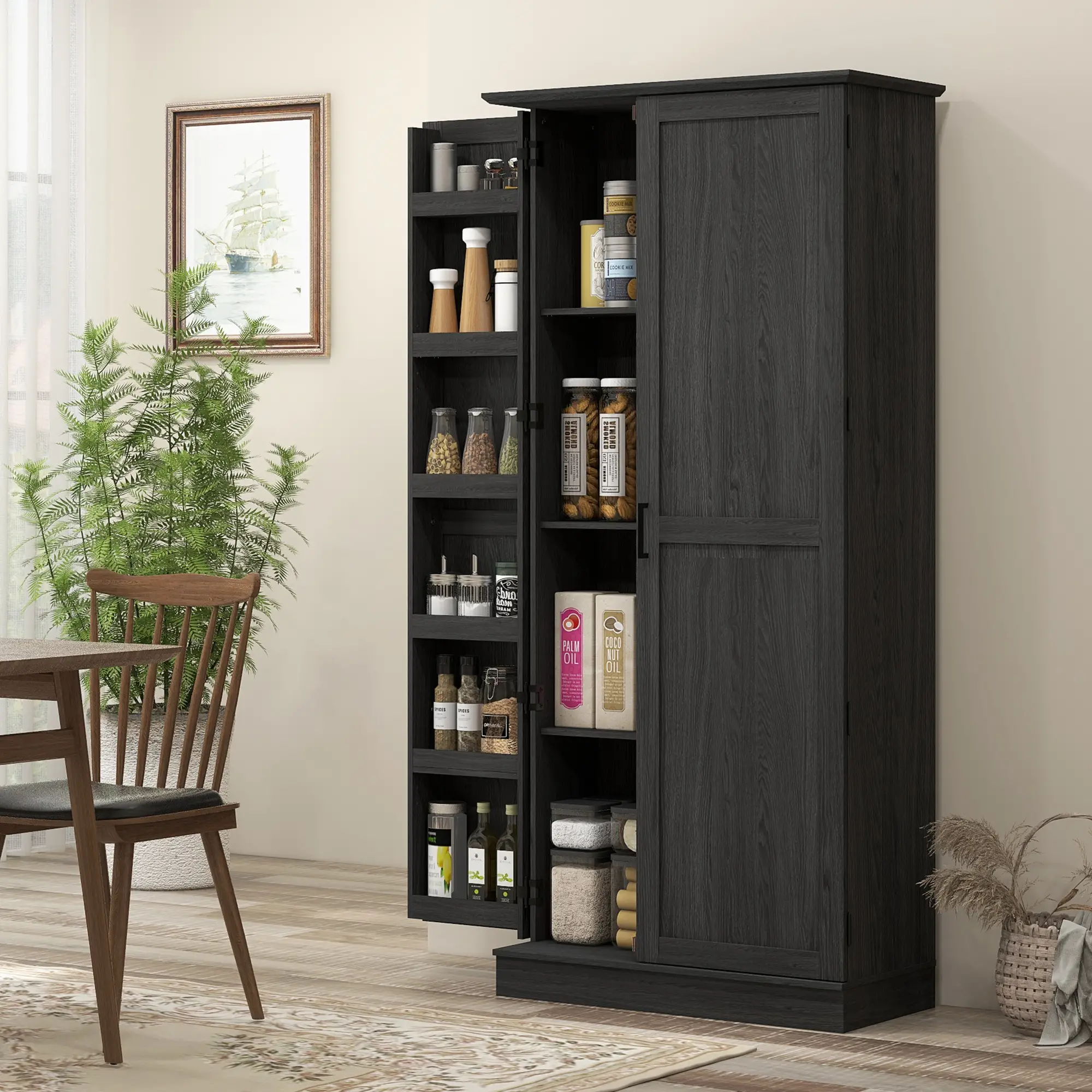 70" Tall Kitchen Pantry Cabinet, Adjustable Shelves, Black Wood Grain, Black - Image 8