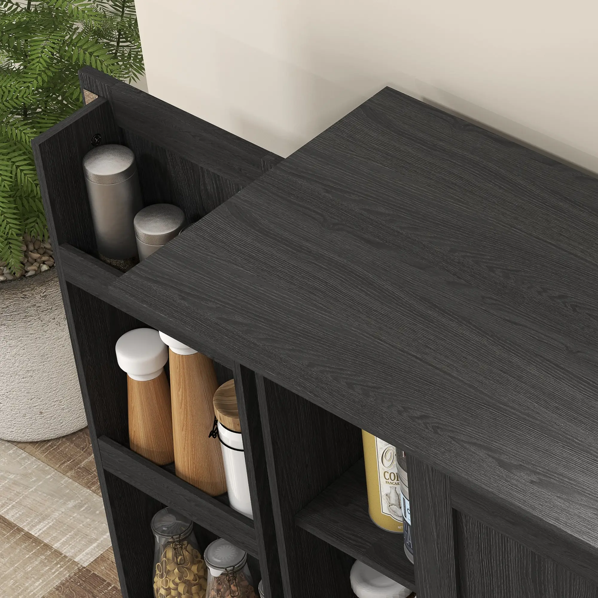70" Tall Kitchen Pantry Cabinet, Adjustable Shelves, Black Wood Grain, Black - Image 9