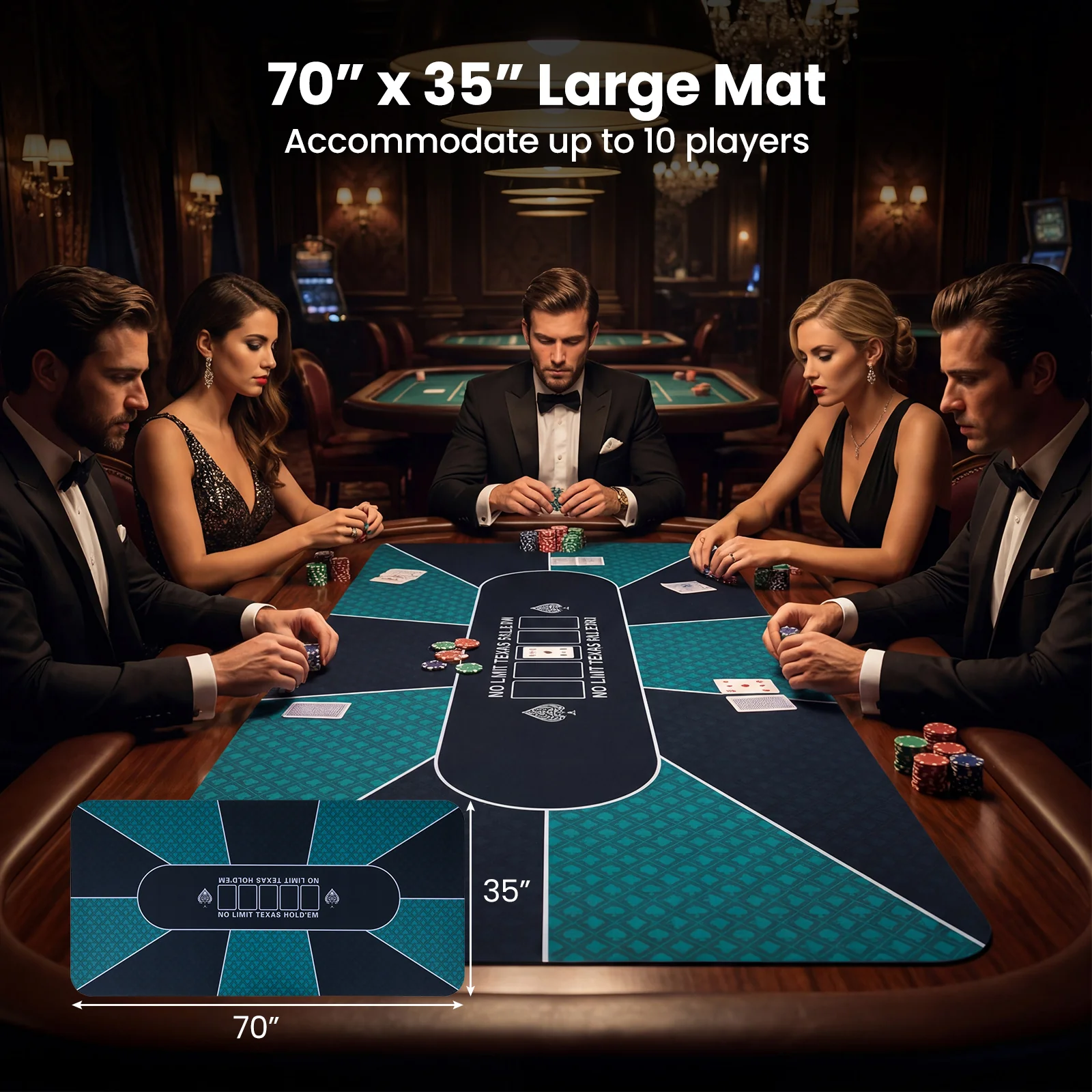70 x 35 Inch Poker Table Top, Water-Repellent Surface, 10-Player, Green - Image 8