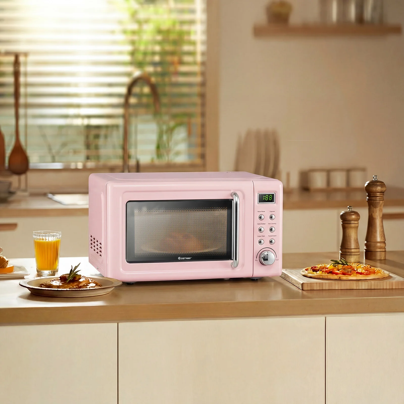 700W Retro Countertop Microwave Oven with 5 Micro Power and Auto Cooking Function, Pink - Image 2