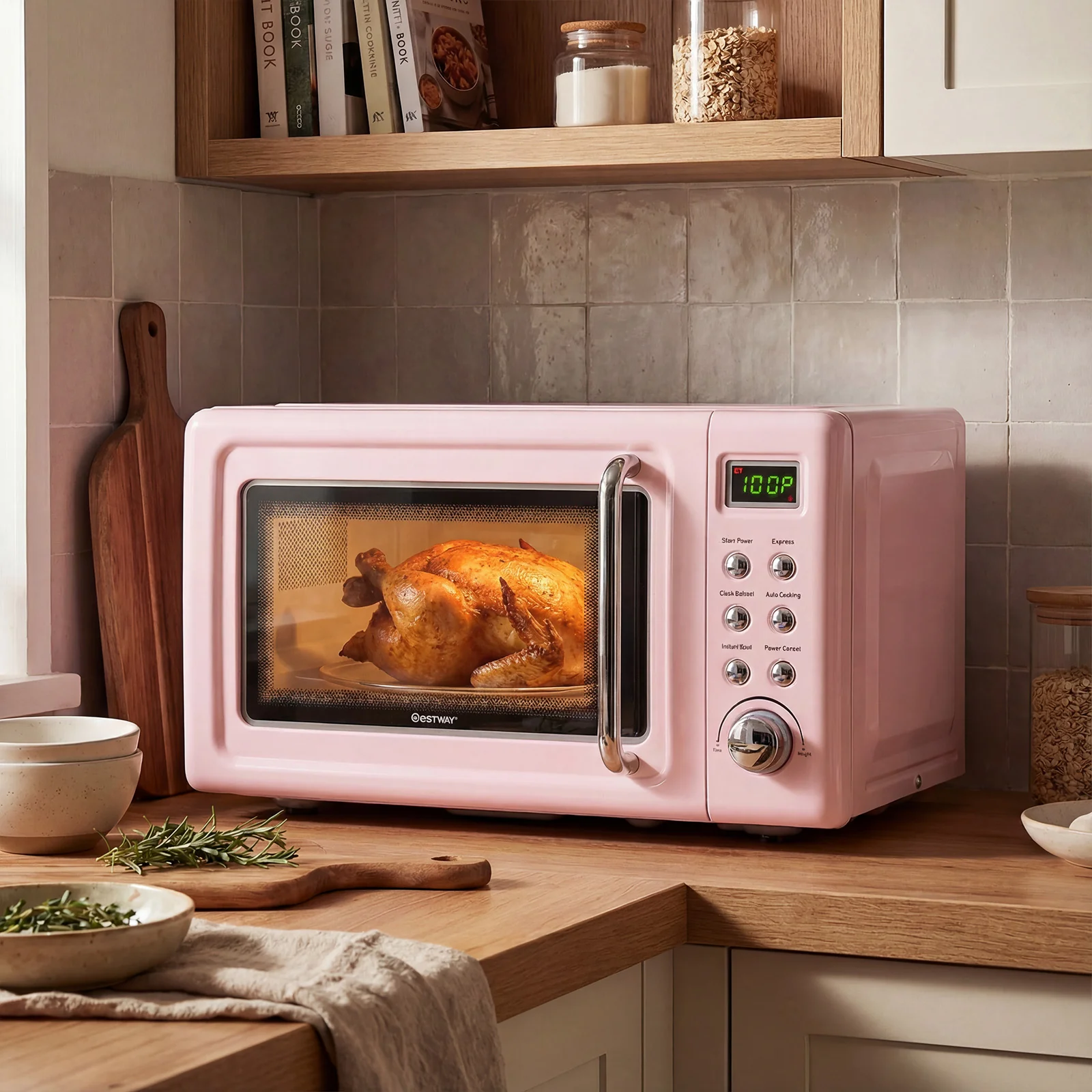 700W Retro Countertop Microwave Oven with 5 Micro Power and Auto Cooking Function, Pink - Image 3