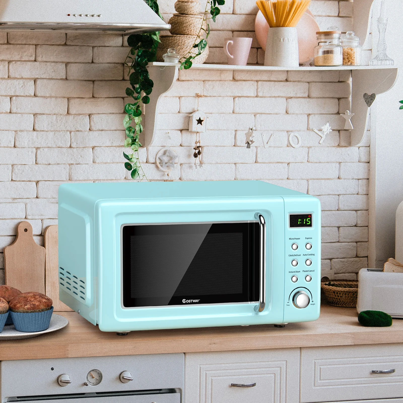 700W Retro Microwave Oven, 5 Power Levels, Auto Cook, Green - Image 3