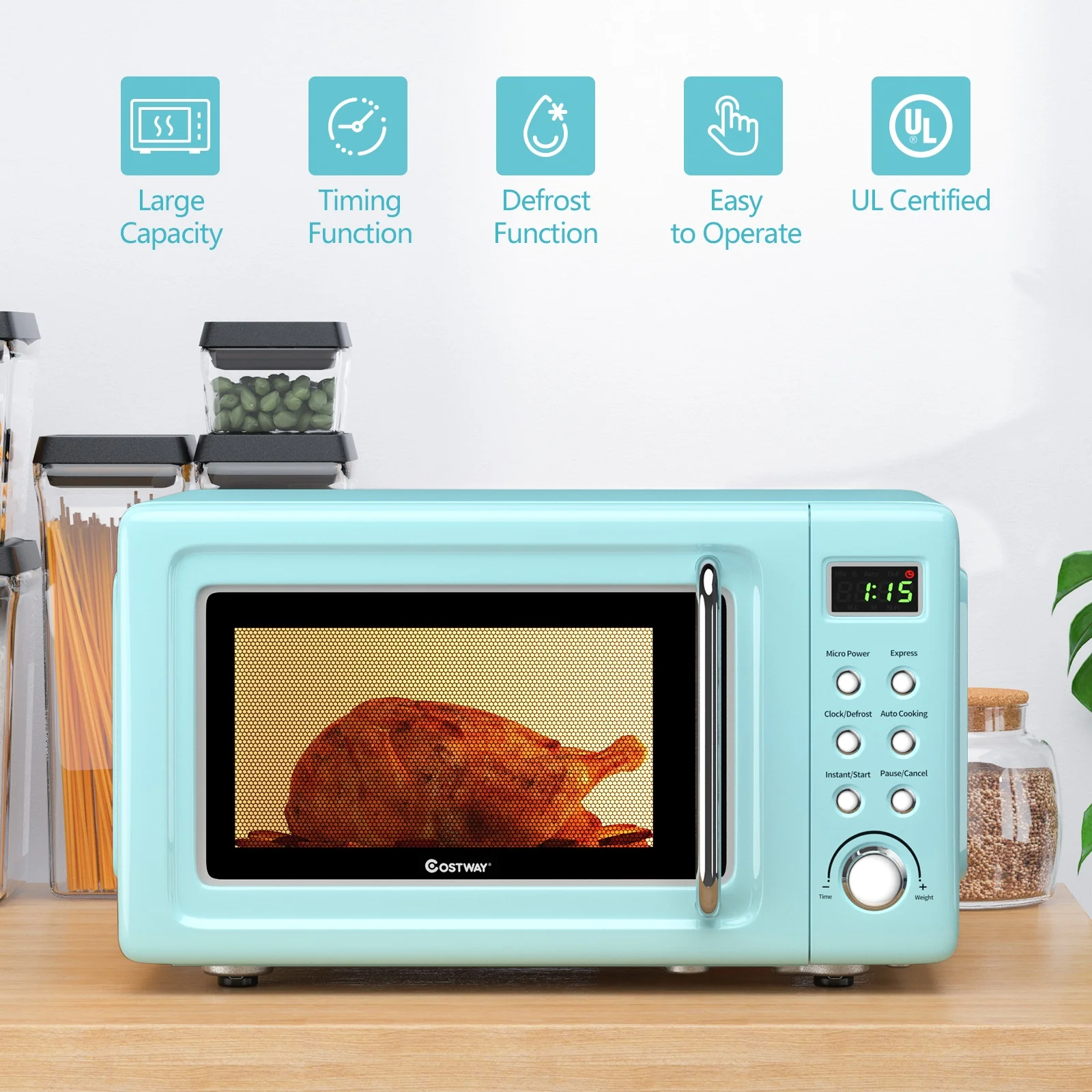 700W Retro Microwave Oven, 5 Power Levels, Auto Cook, Green - Image 7