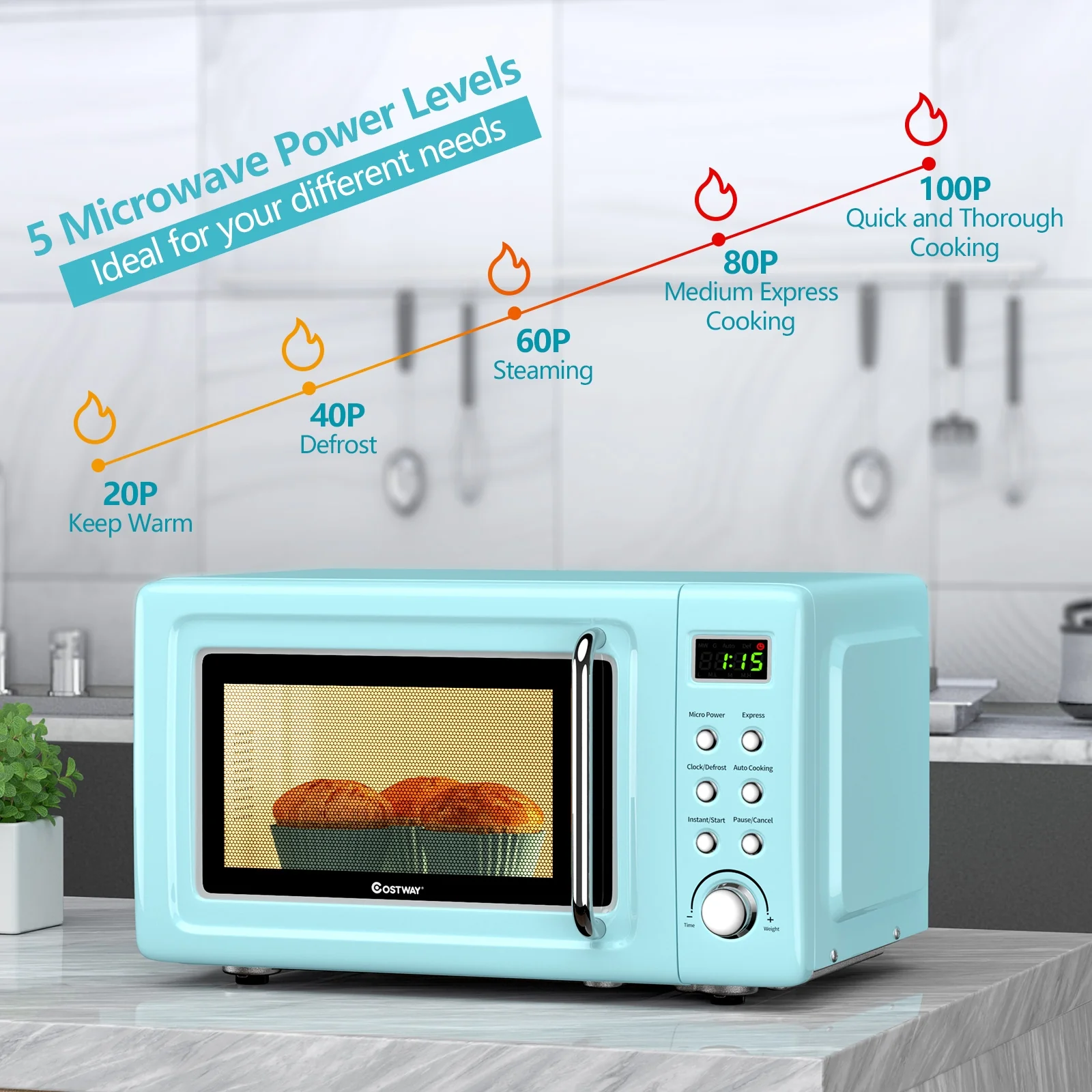700W Retro Microwave Oven, 5 Power Levels, Auto Cook, Green - Image 8