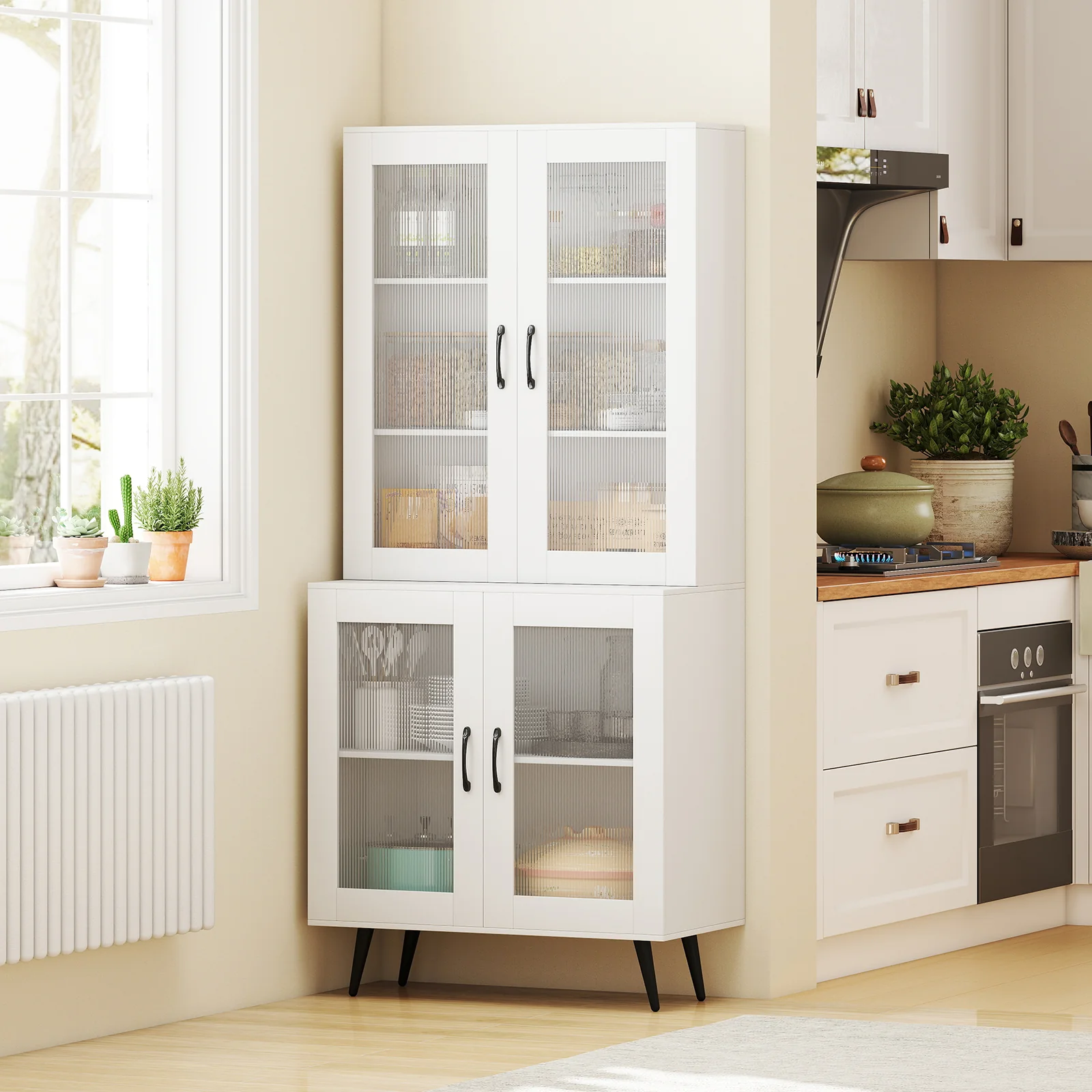 70.5 inch Tall Kitchen Pantry Cabinet Cupboard with 4 Transparent Doors, White - Image 2