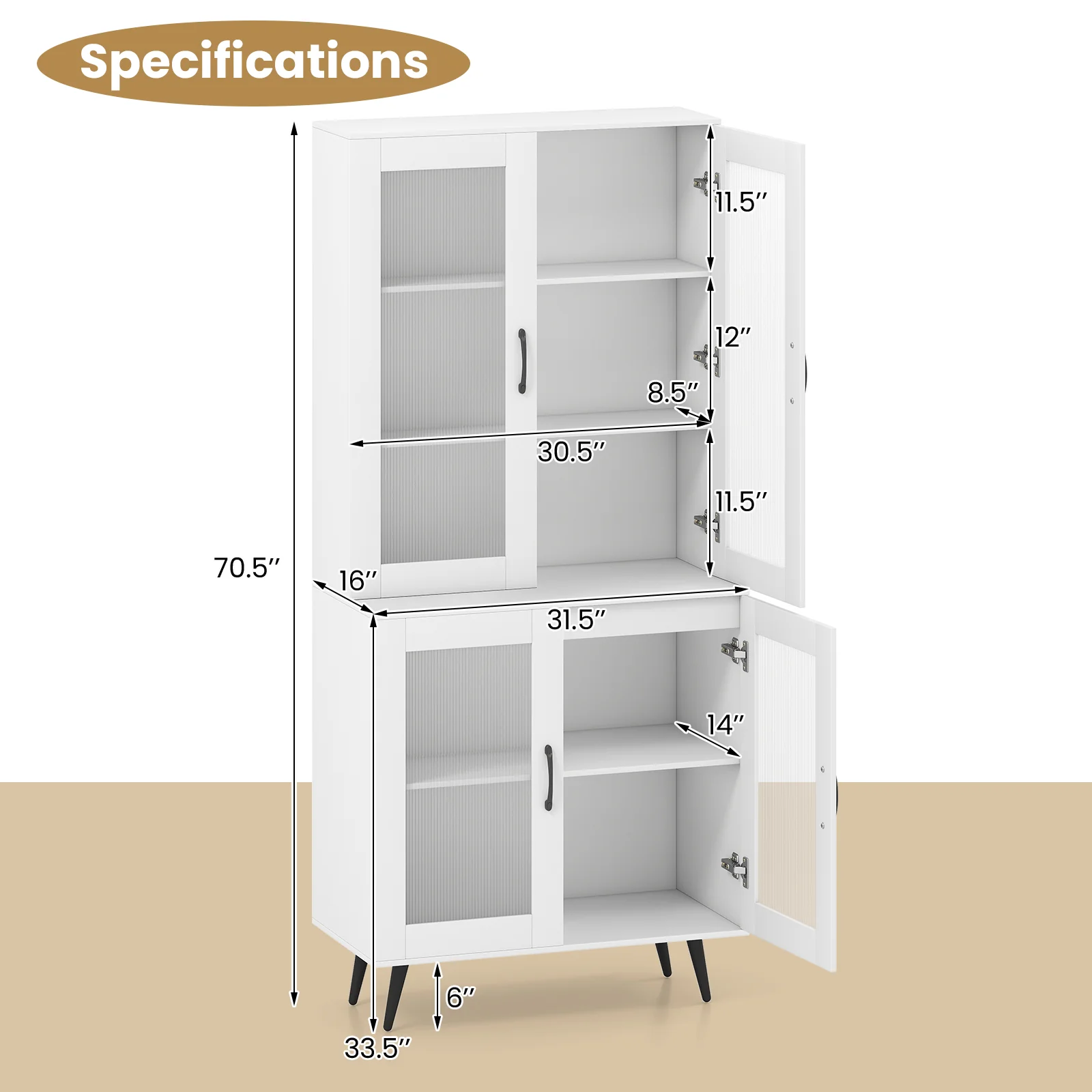 70.5 inch Tall Kitchen Pantry Cabinet Cupboard with 4 Transparent Doors, White - Image 6
