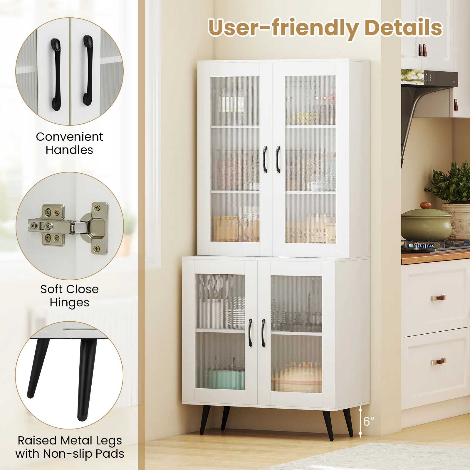 70.5 inch Tall Kitchen Pantry Cabinet Cupboard with 4 Transparent Doors, White - Image 7