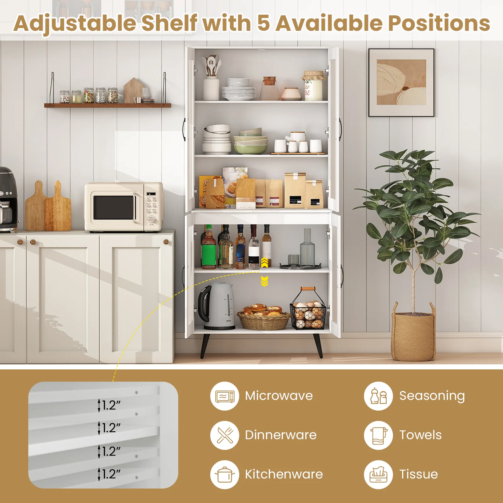 70.5 inch Tall Kitchen Pantry Cabinet Cupboard with 4 Transparent Doors, White - Image 9