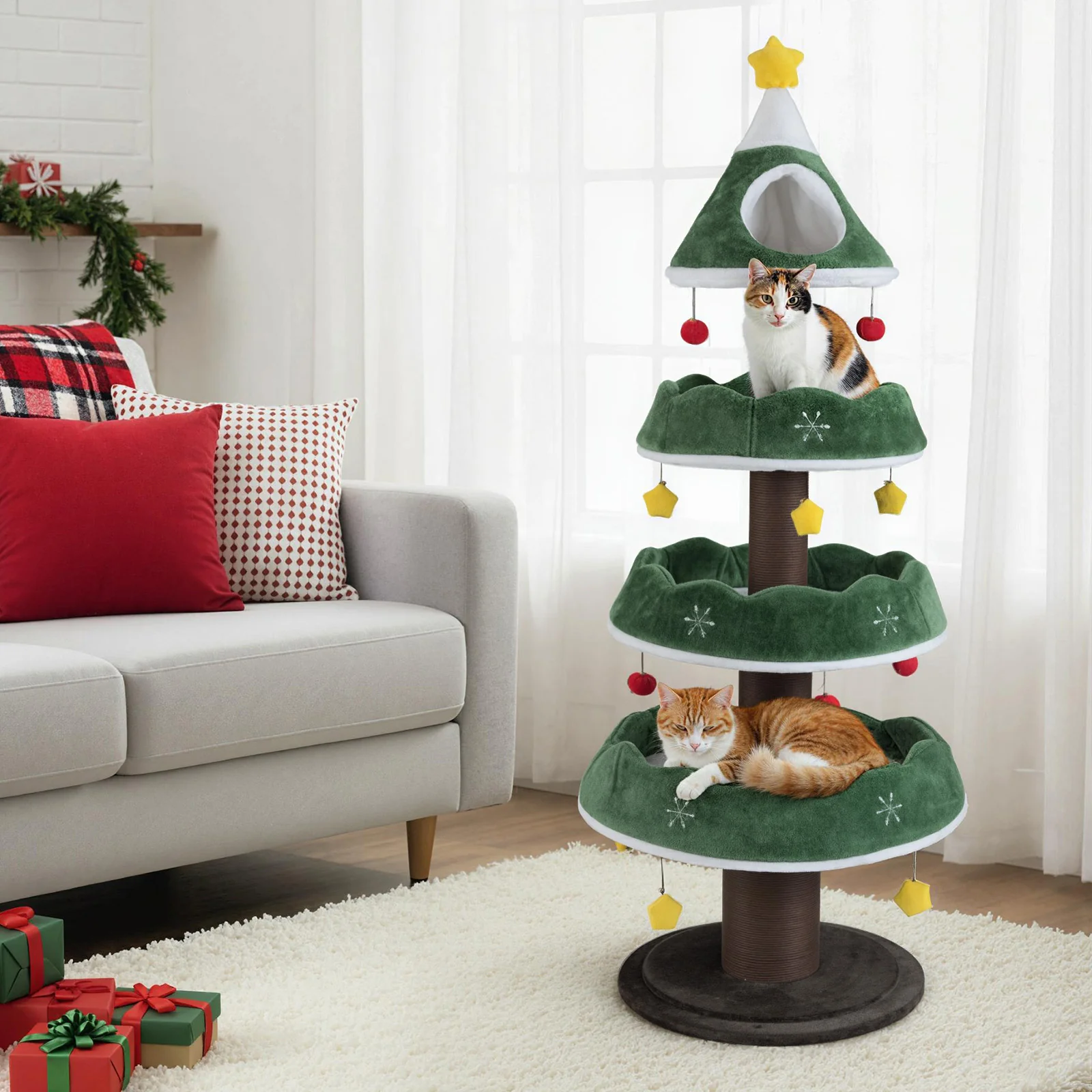 70.5 Inches Tall Christmas Cat Tree with 3 Plush Platforms, Green - Image 3