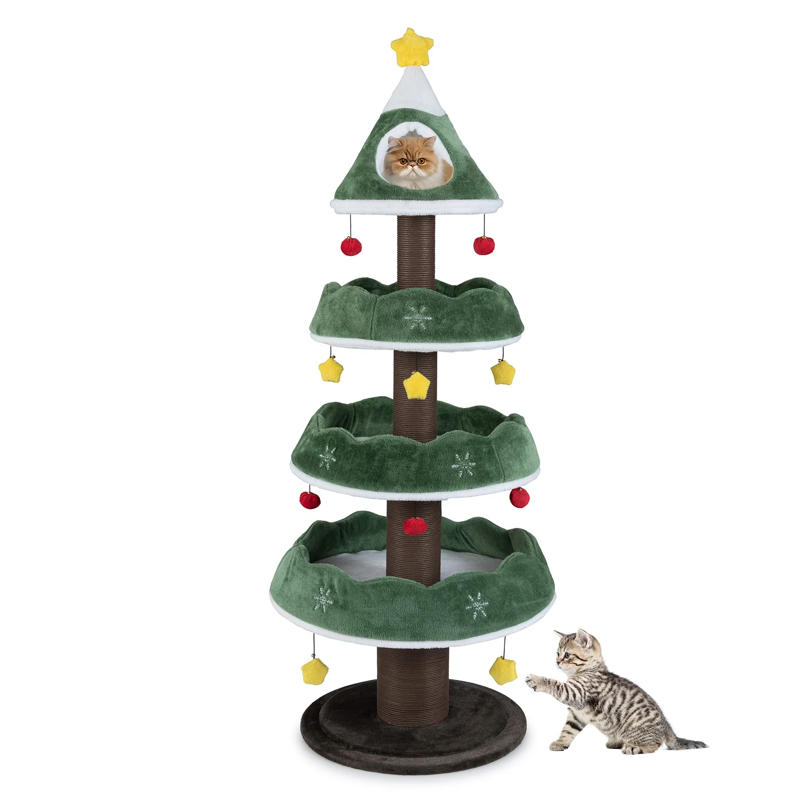 70.5 Inches Tall Christmas Cat Tree with 3 Plush Platforms, Green - Image 4