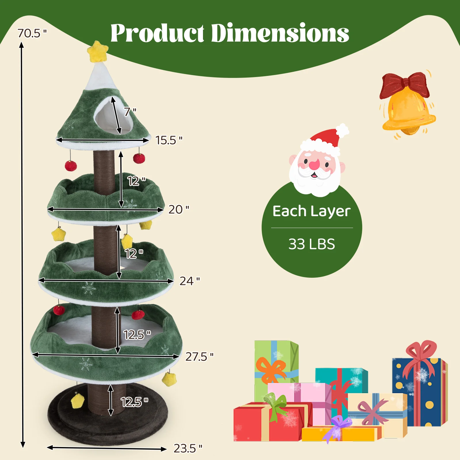 70.5 Inches Tall Christmas Cat Tree with 3 Plush Platforms, Green - Image 6