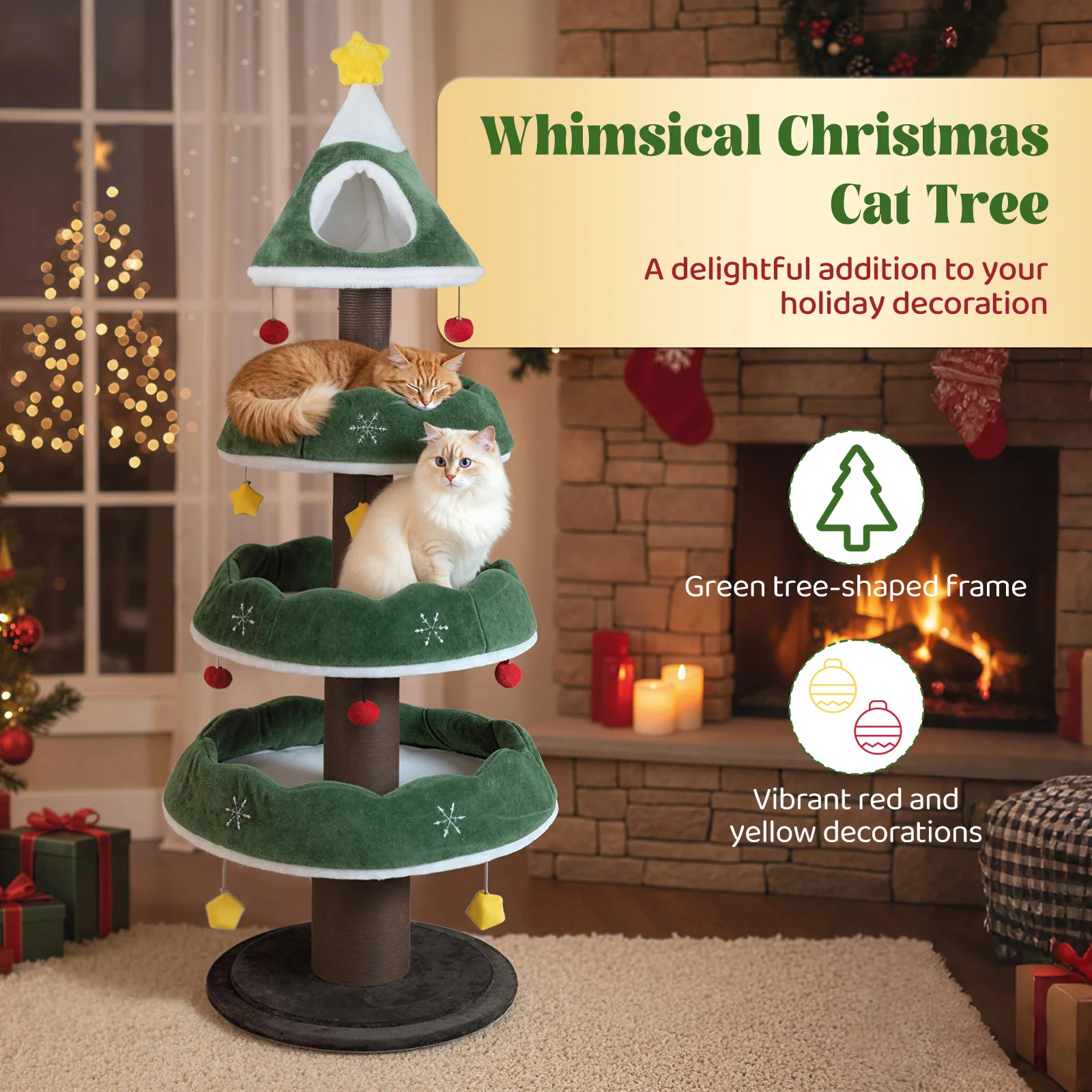 70.5 Inches Tall Christmas Cat Tree with 3 Plush Platforms, Green - Image 7