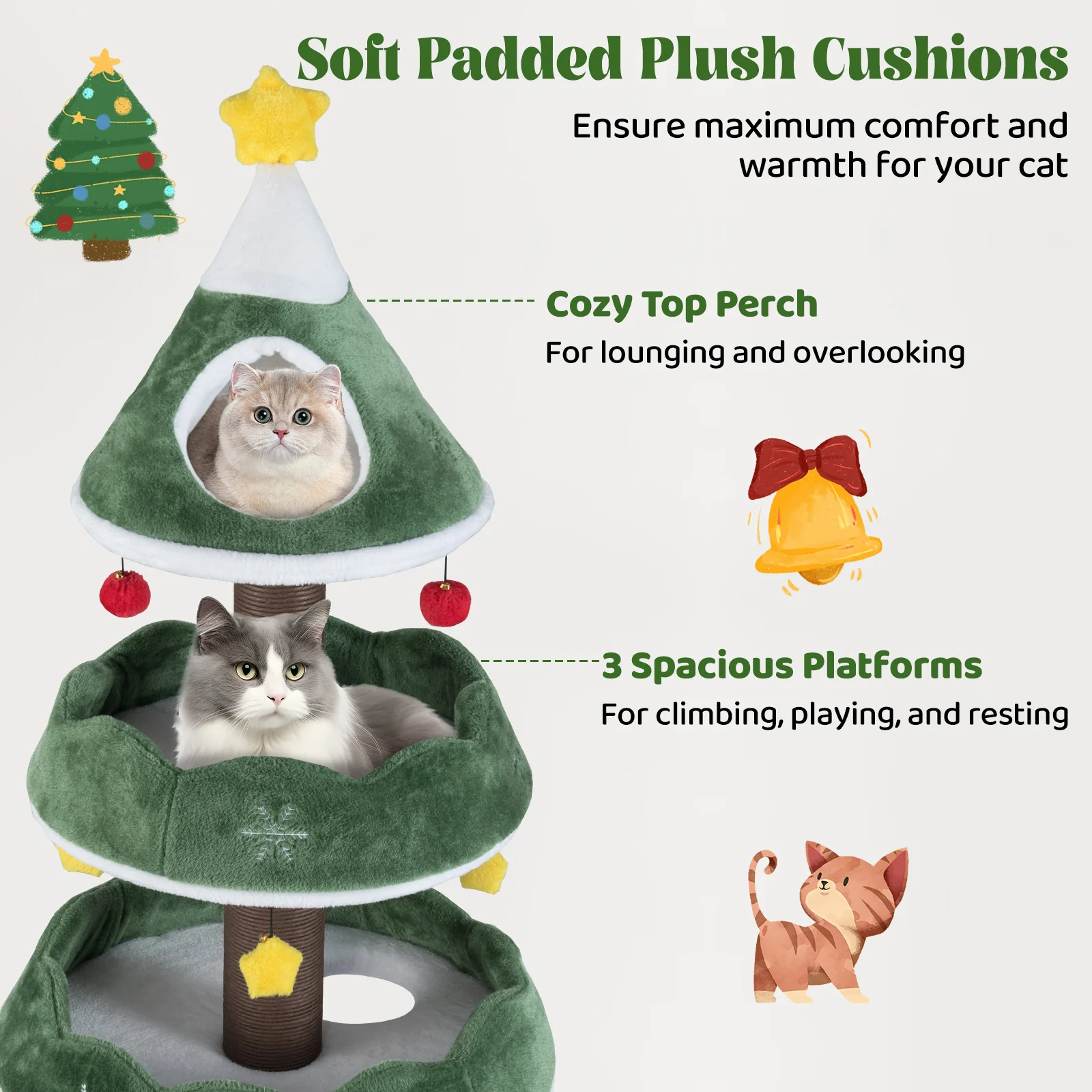 70.5 Inches Tall Christmas Cat Tree with 3 Plush Platforms, Green - Image 9